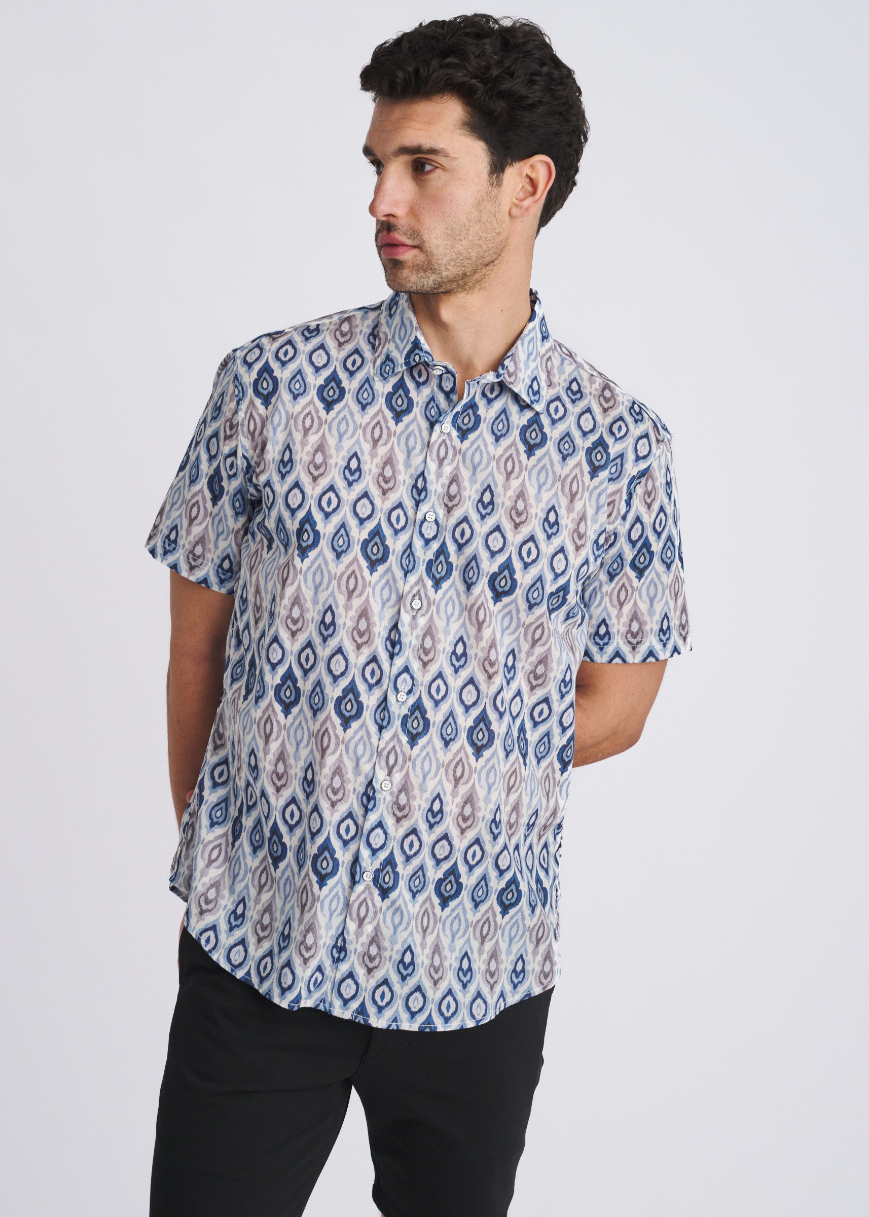 MARINA/CLOUD FLAME PRINTED LIGHTWEIGHT COTTON/TENCEL SHORT SLEEVE WOVEN SHIRT PM-47056