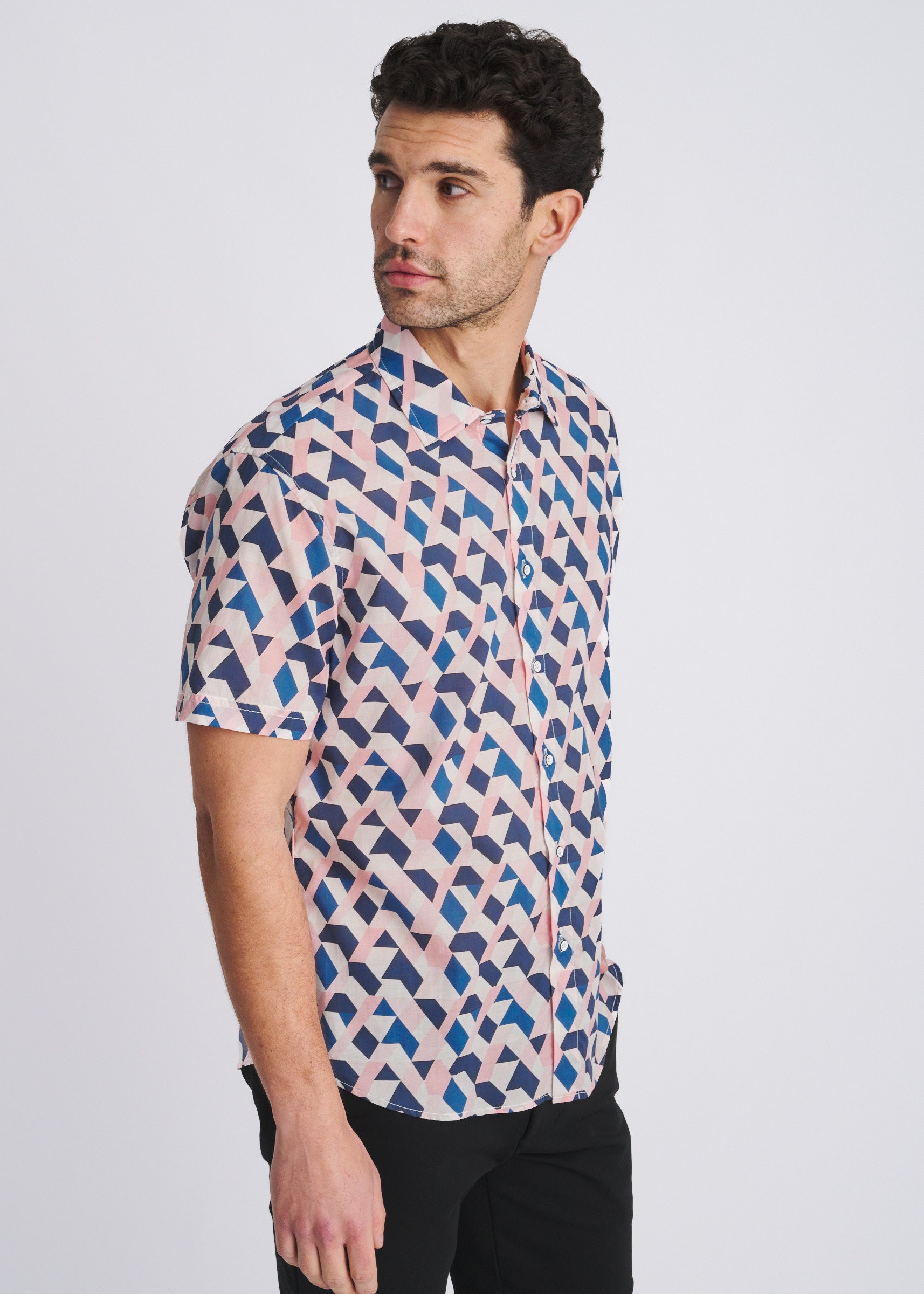 PEACH/NAVY ANGLES PRINTED LIGHTWEIGHT COTTON/TENCEL SHORT SLEEVE WOVEN SHIRT PM-47057