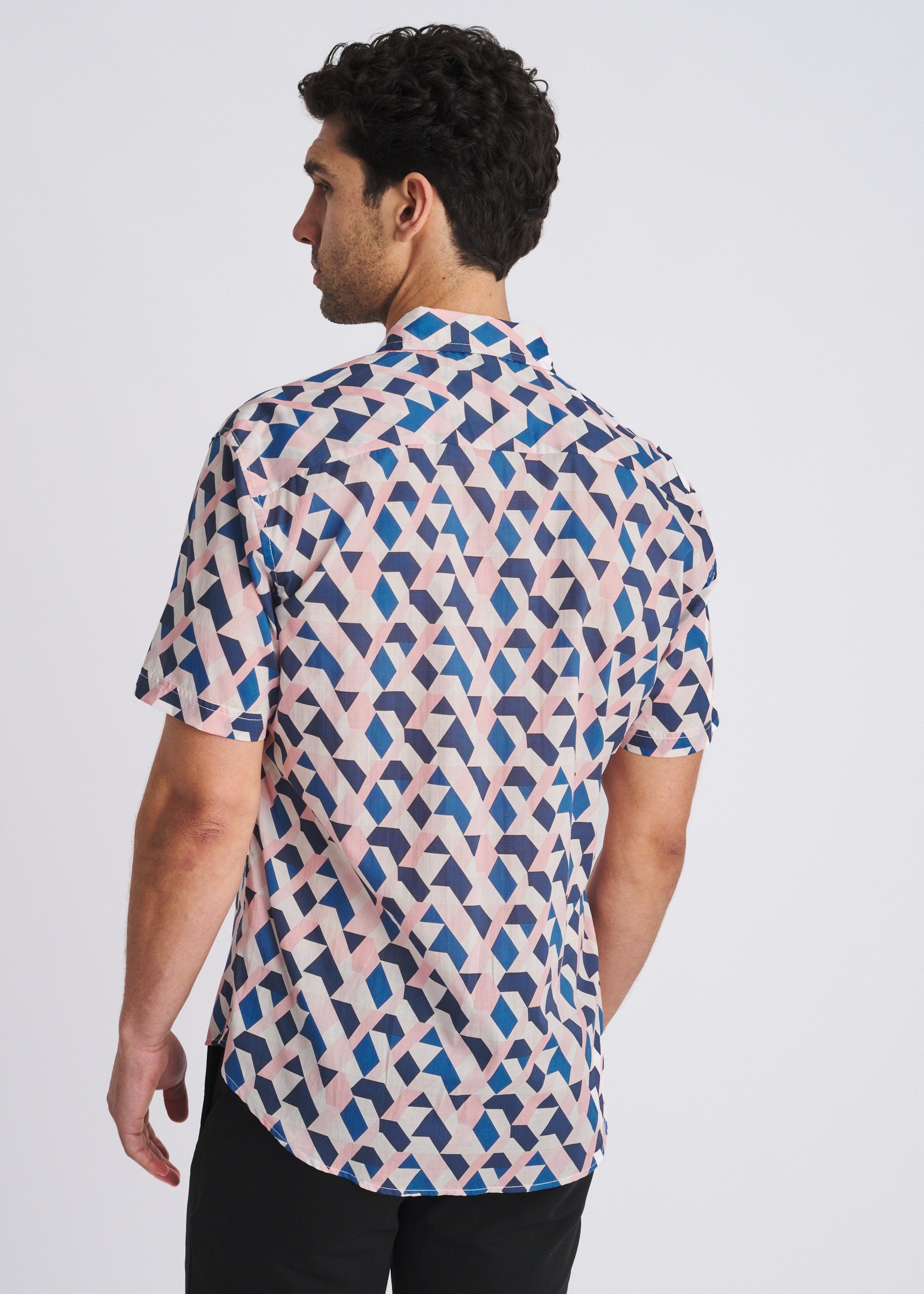 PEACH/NAVY ANGLES PRINTED LIGHTWEIGHT COTTON/TENCEL SHORT SLEEVE WOVEN SHIRT PM-47057
