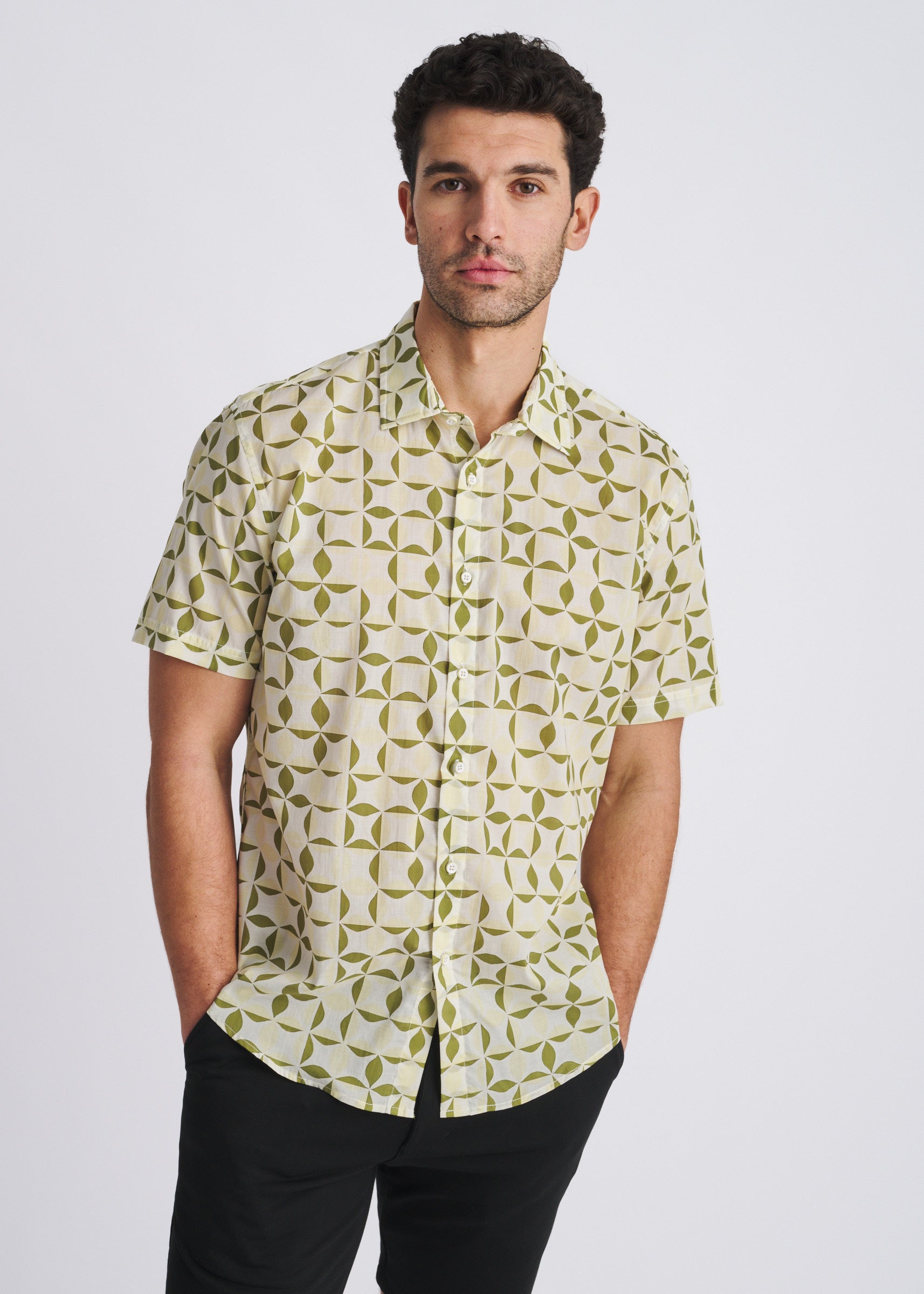 YOLK/RANGER TILES PRINTED LIGHTWEIGHT COTTON/TENCEL SHORT SLEEVE WOVEN SHIRT PM-47058