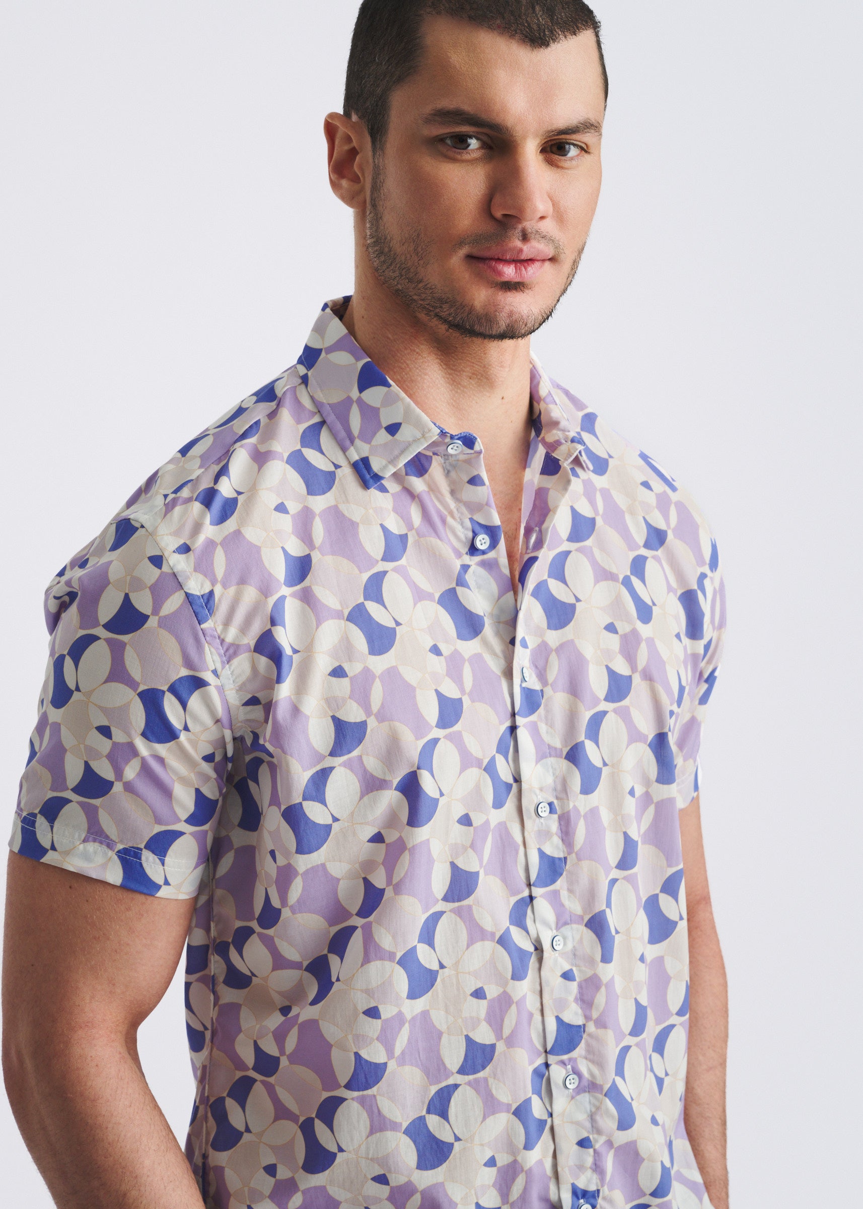 PURPLE/ORCHID CIRCLES PRINTED LIGHTWEIGHT COTTON/TENCEL SHORT SLEEVE WOVEN SHIRT PM-47060
