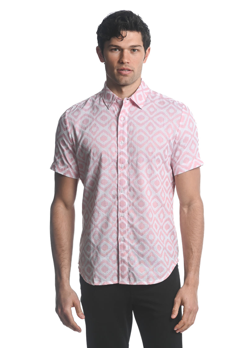 CORAL/ WHITE DIAMONDS COTTON JACQUARD SHORT SLEEVES WOVEN SHIRT PM-48020