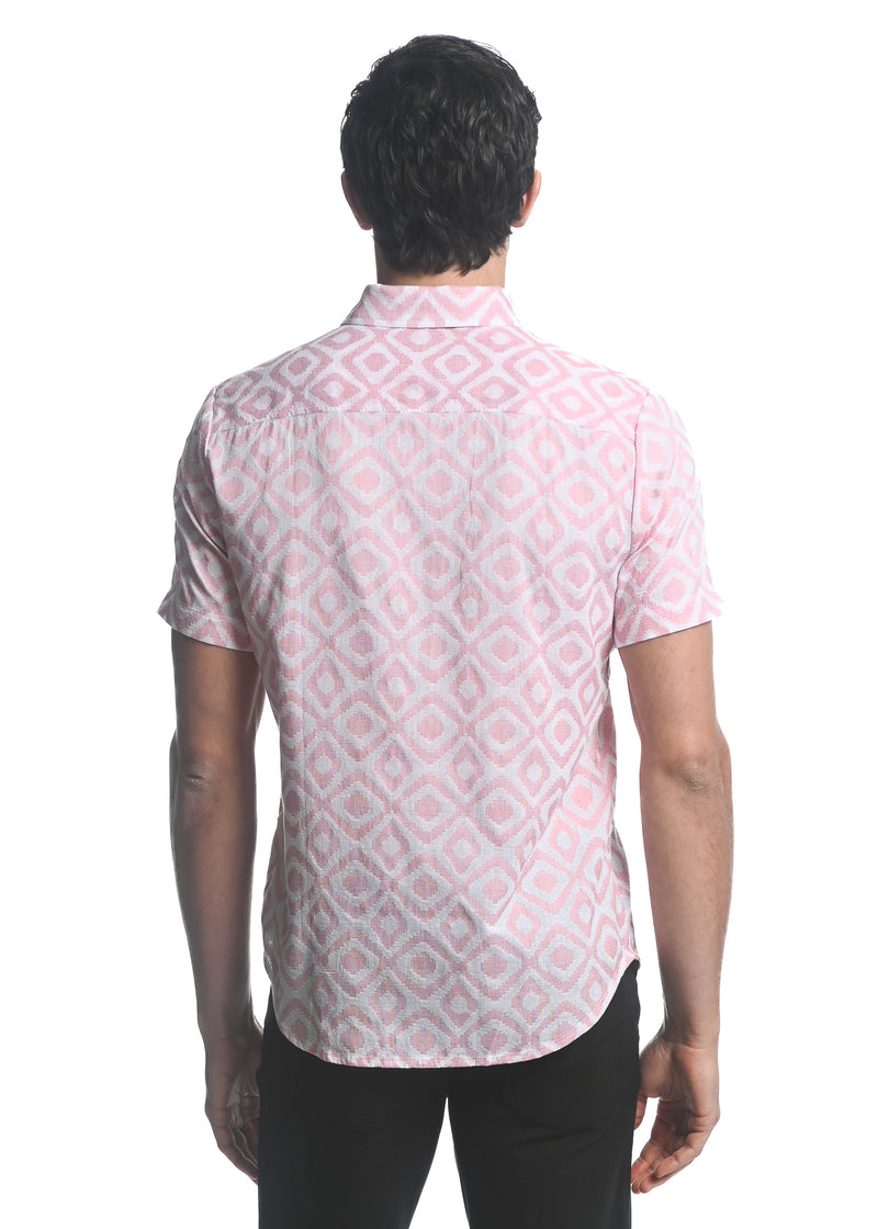 CORAL/ WHITE DIAMONDS COTTON JACQUARD SHORT SLEEVES WOVEN SHIRT PM-48020