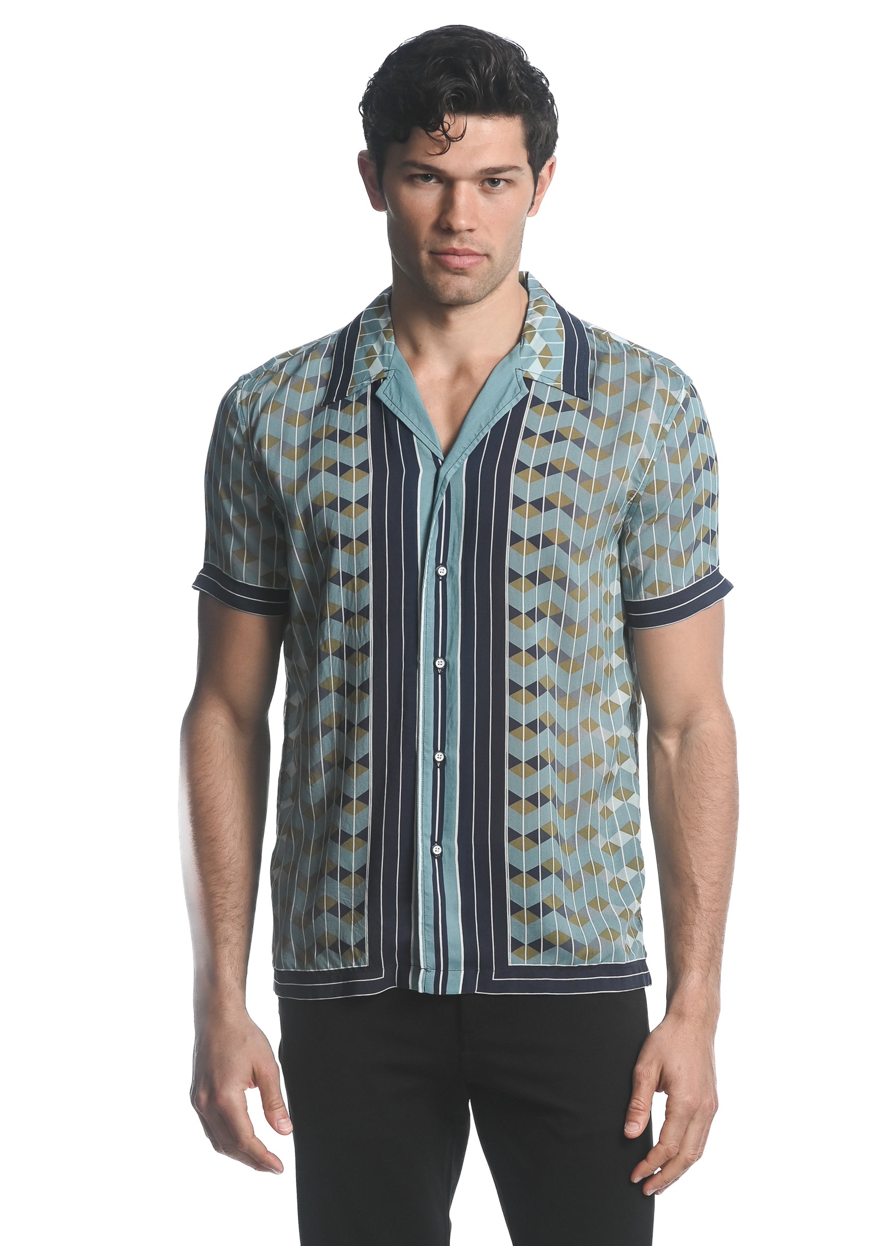 NAVY/ KHAKI CHEVRON PRINTED SHORT SLEEVES WOVEN BORDER SHIRT PM-48037