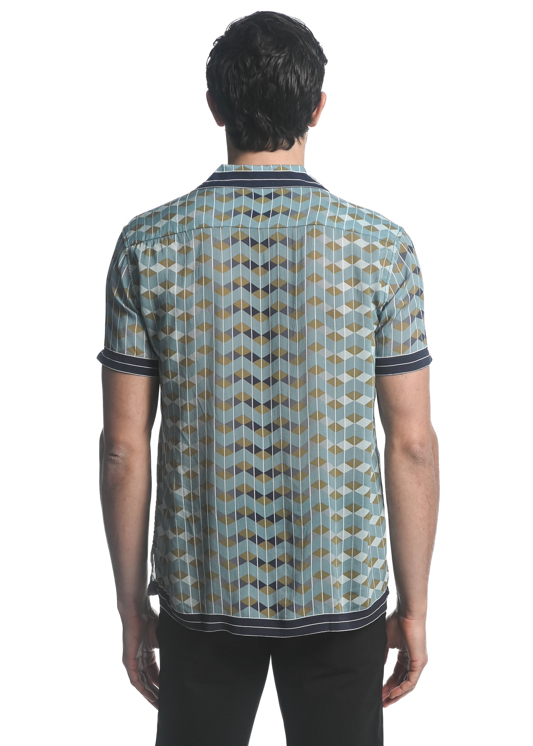 NAVY/ KHAKI CHEVRON PRINTED SHORT SLEEVES WOVEN BORDER SHIRT PM-48037