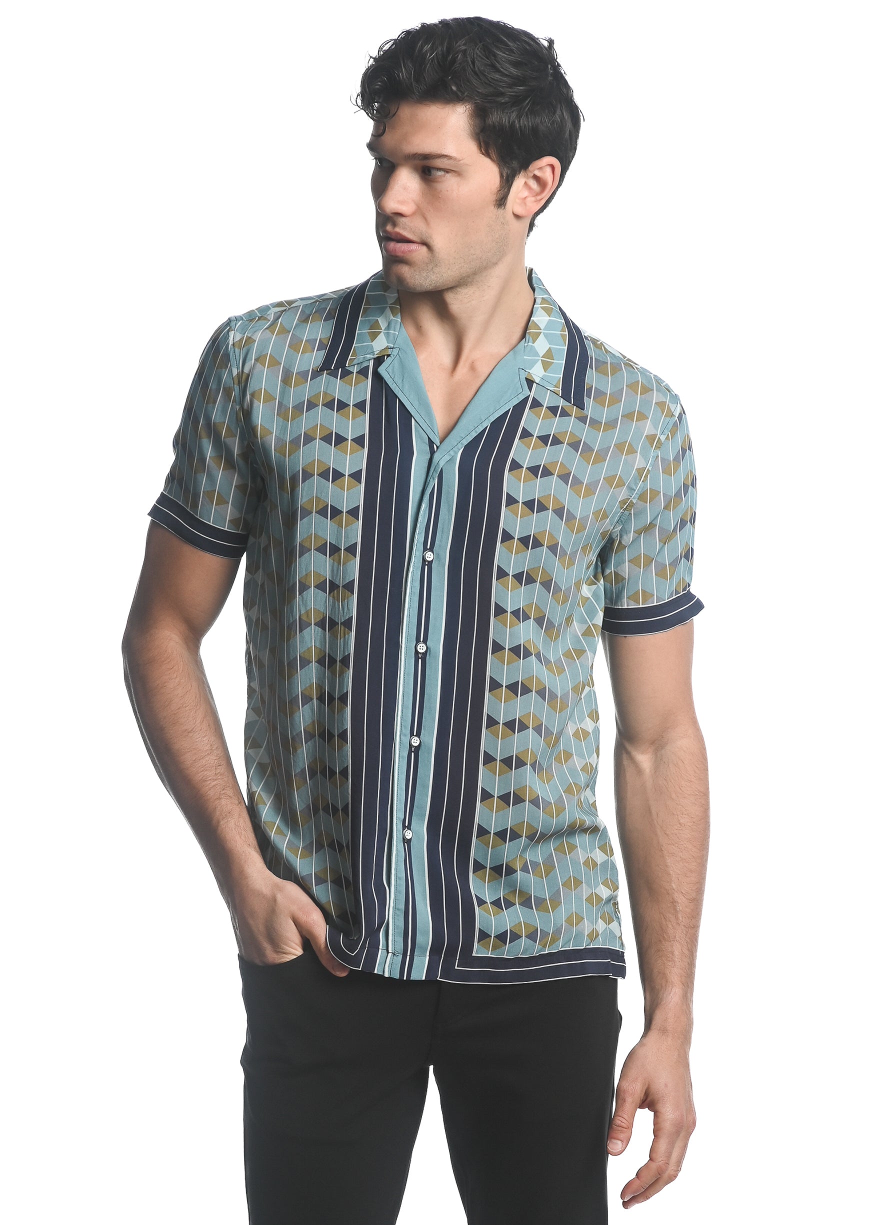 NAVY/ KHAKI CHEVRON PRINTED SHORT SLEEVES WOVEN BORDER SHIRT PM-48037