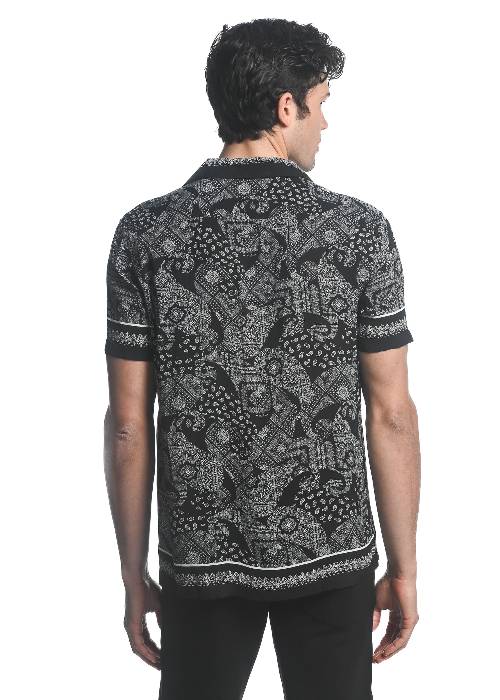 BLACK/ WHITE PAISLEY PRINTED SHORT SLEEVES WOVEN BORDER SHIRT PM-48041