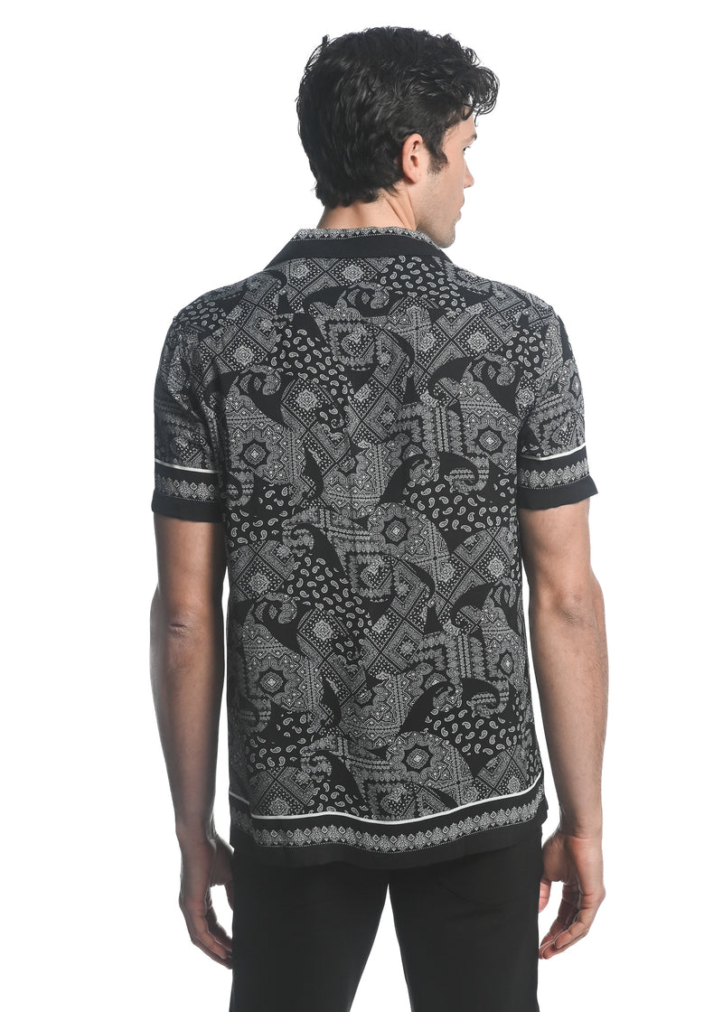 BLACK/ WHITE PAISLEY PRINTED SHORT SLEEVES WOVEN BORDER SHIRT PM-48041