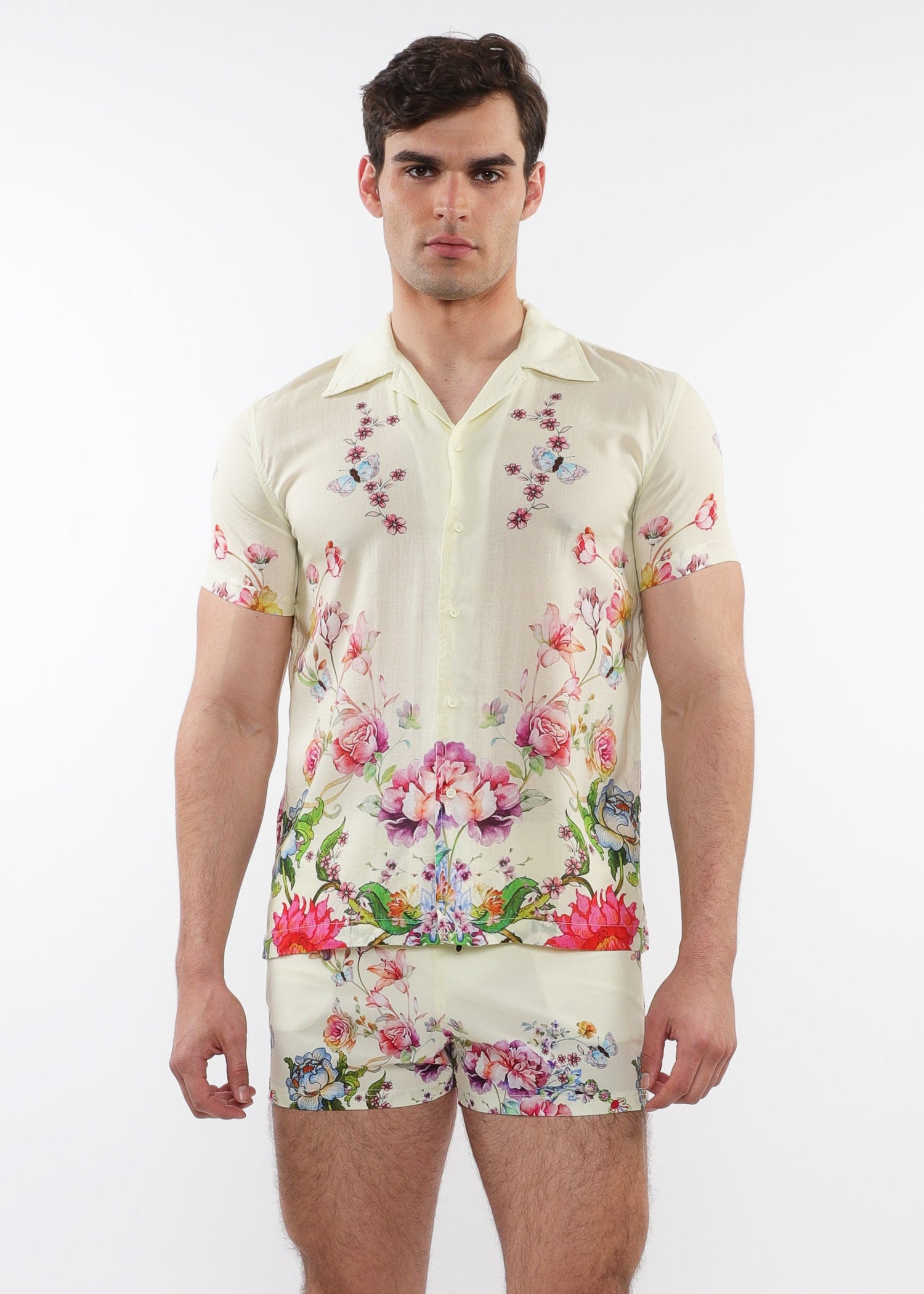 CREAM/MULTI FLORAL PRINTED SHORT SLEEVES WOVEN MODAL BORDER SHIRT PM-49016