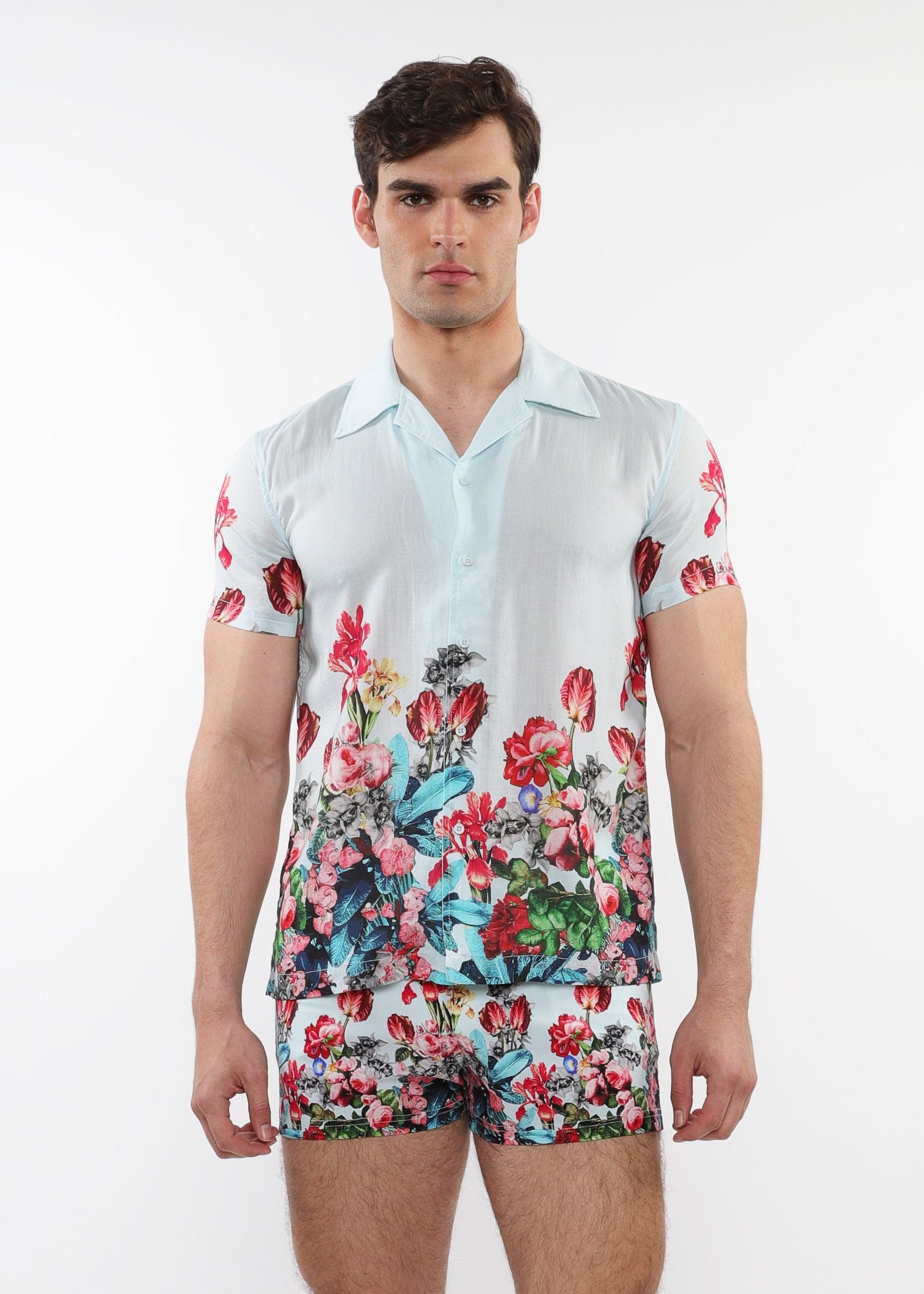 MINT/MULTI FLORAL PRINTED SHORT SLEEVES WOVEN MODAL BORDER SHIRT PM-49017