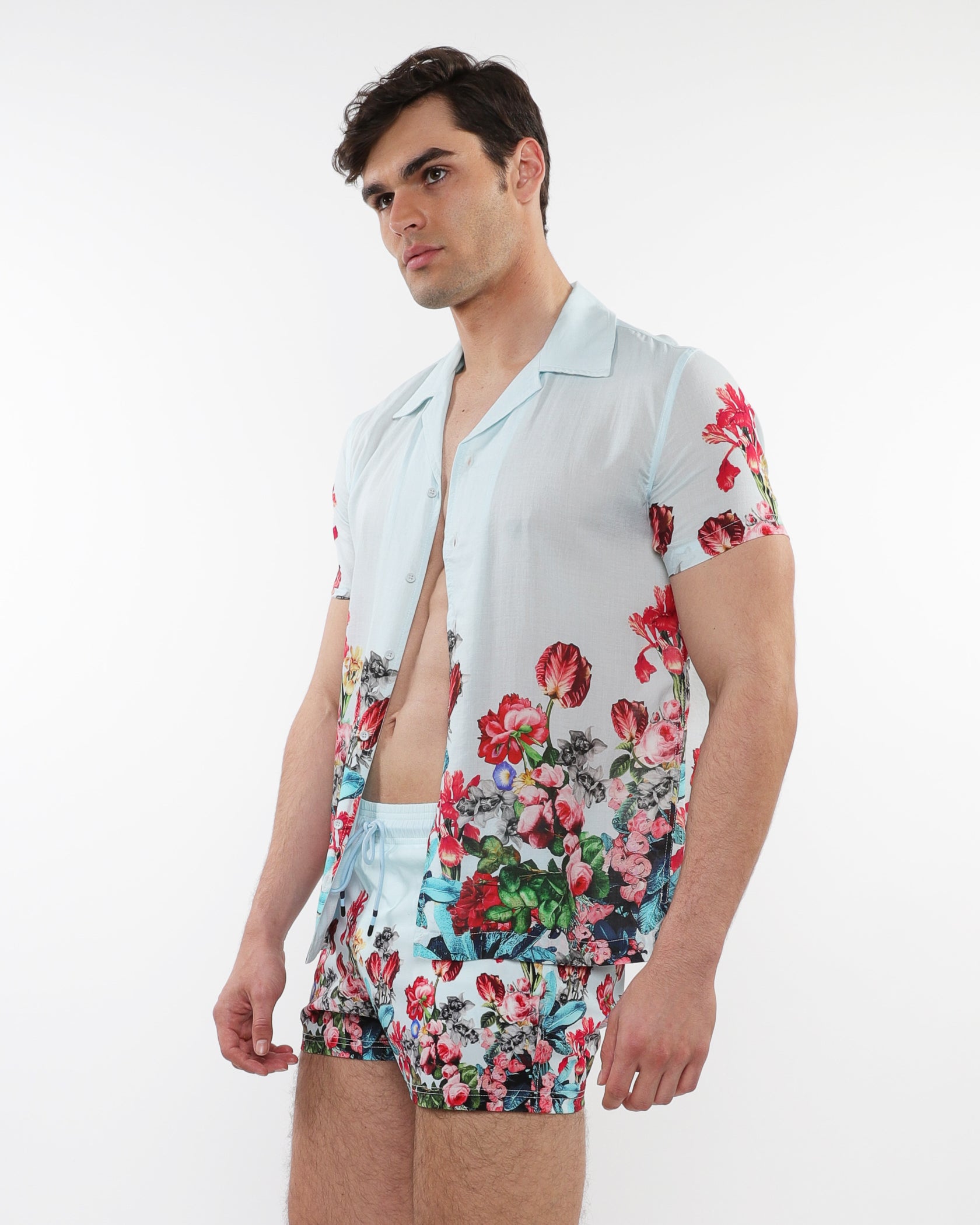 MINT/MULTI FLORAL PRINTED SHORT SLEEVES WOVEN MODAL BORDER SHIRT PM-49017