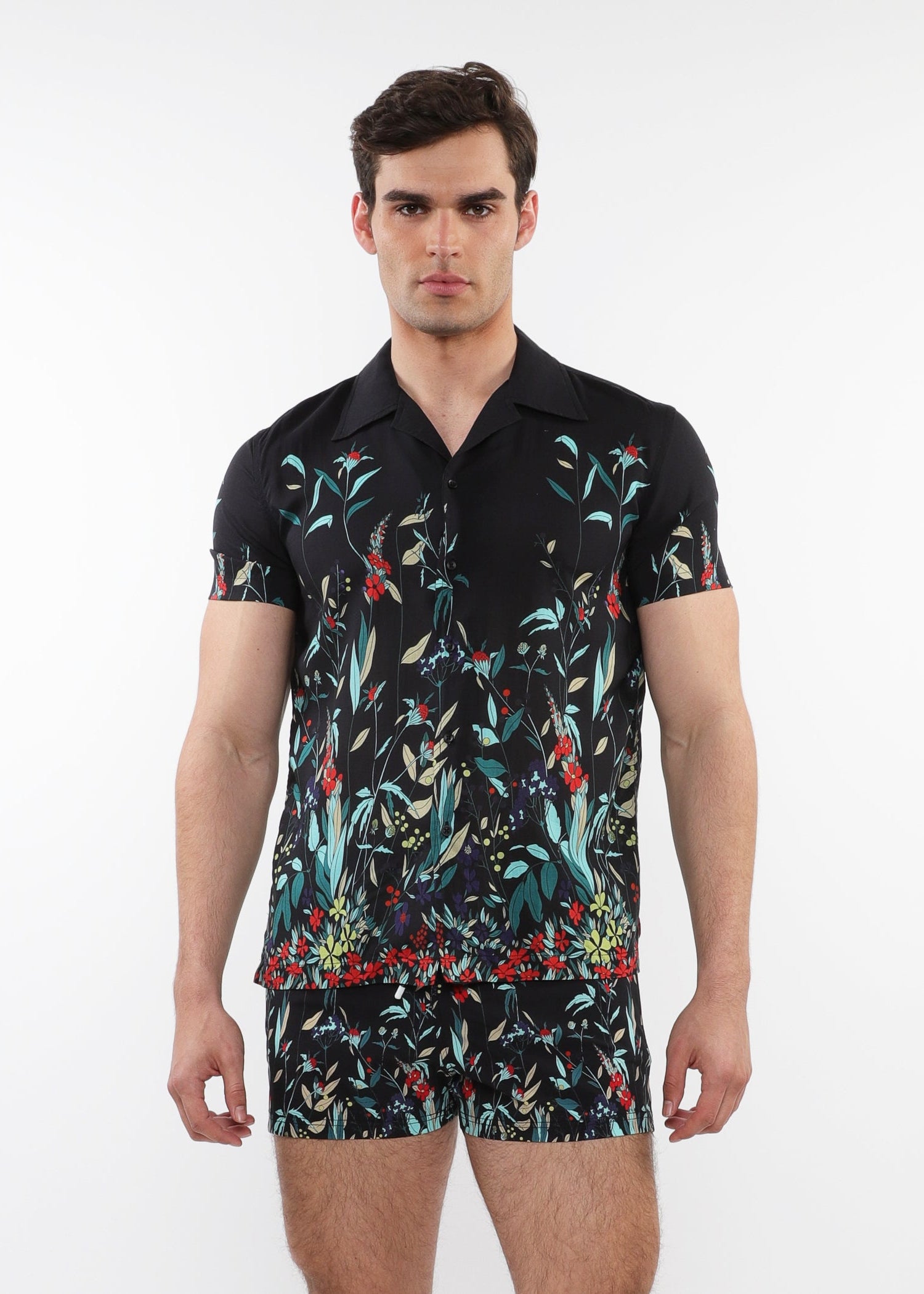 MIDNIGHT/TEAL FLORAL PRINTED SHORT SLEEVES WOVEN MODAL BORDER SHIRT PM-49018