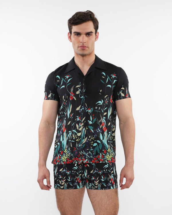 MIDNIGHT/TEAL FLORAL PRINTED SHORT SLEEVES WOVEN MODAL BORDER SHIRT PM-49018