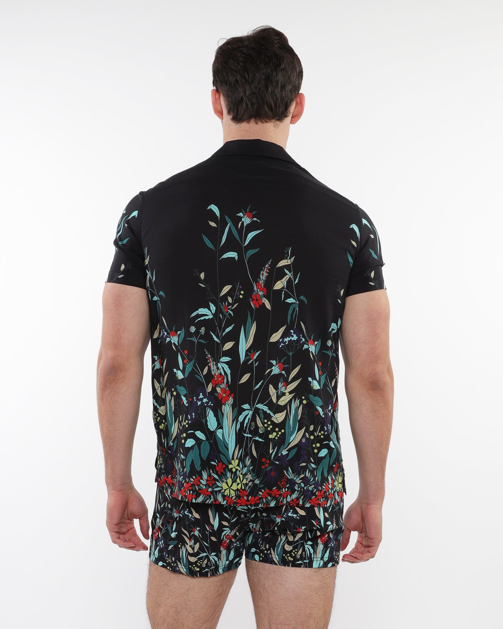 MIDNIGHT/TEAL FLORAL PRINTED SHORT SLEEVES WOVEN MODAL BORDER SHIRT PM-49018