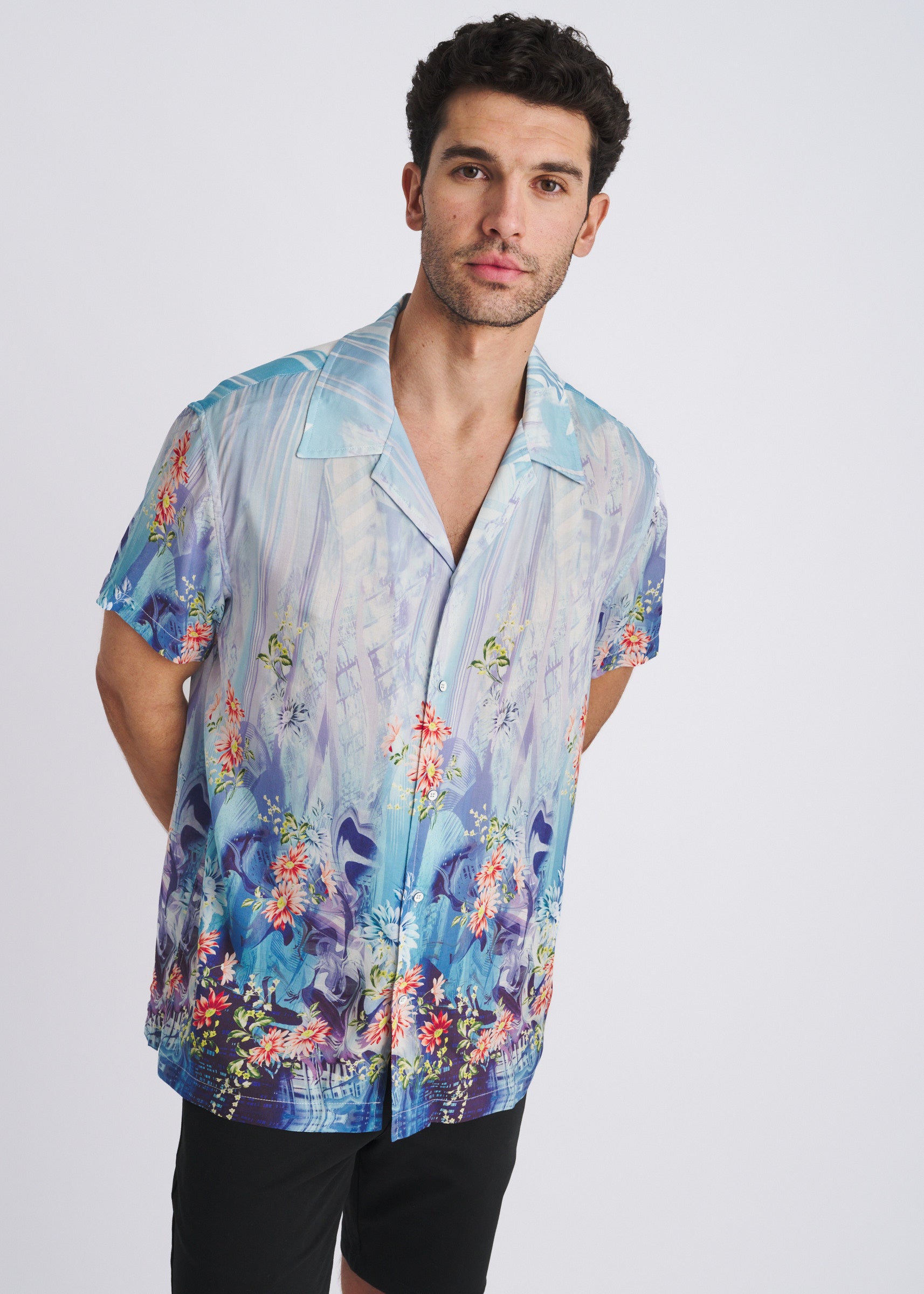 COBALT/TURQUOISE FLORAL PRINTED SHORT SLEEVE WOVEN MODAL BORDER SHIRT PM-49032