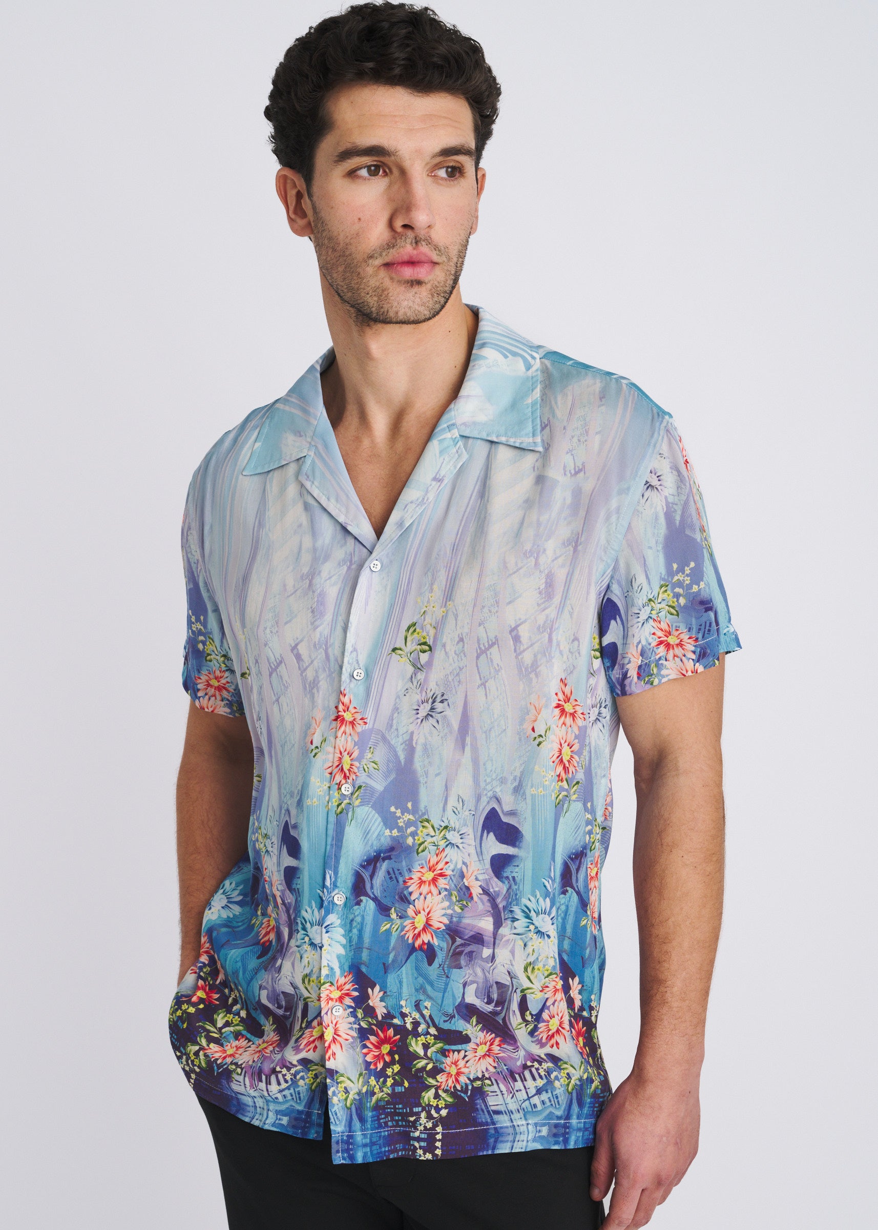 COBALT/TURQUOISE FLORAL PRINTED SHORT SLEEVE WOVEN MODAL BORDER SHIRT PM-49032