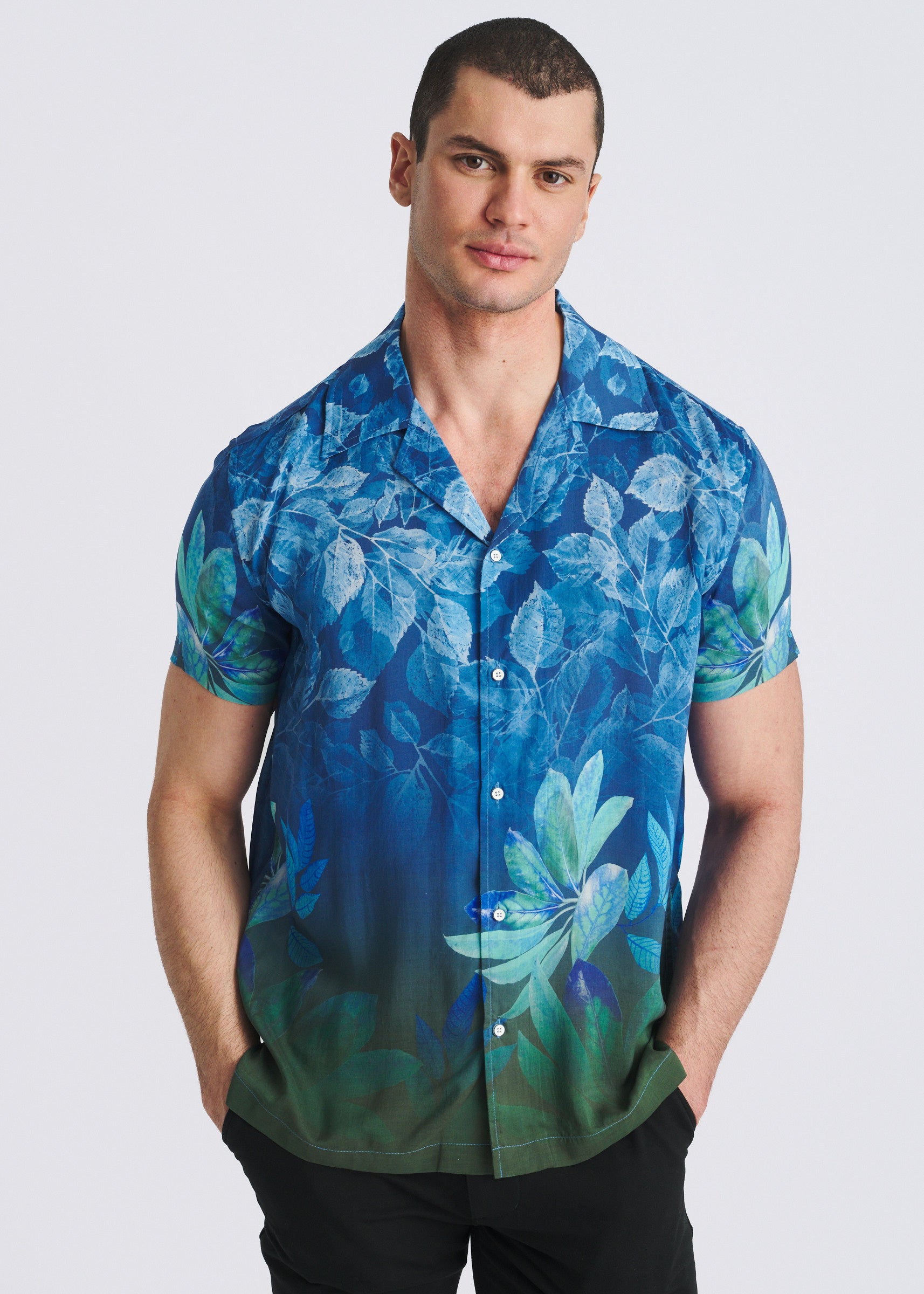 PEACOAT/FOREST LEAVES PRINTED SHORT SLEEVE WOVEN MODAL BORDER SHIRT PM-49033