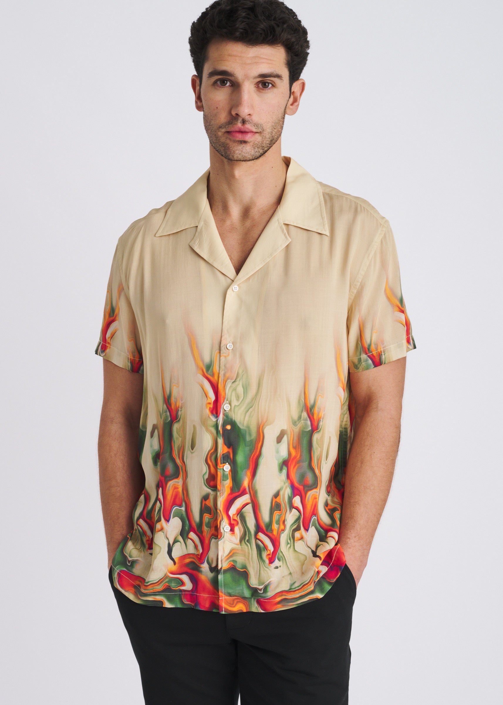 CUSTARD/SPICE LAVA PRINTED SHORT SLEEVE WOVEN MODAL BORDER SHIRT PM-49034