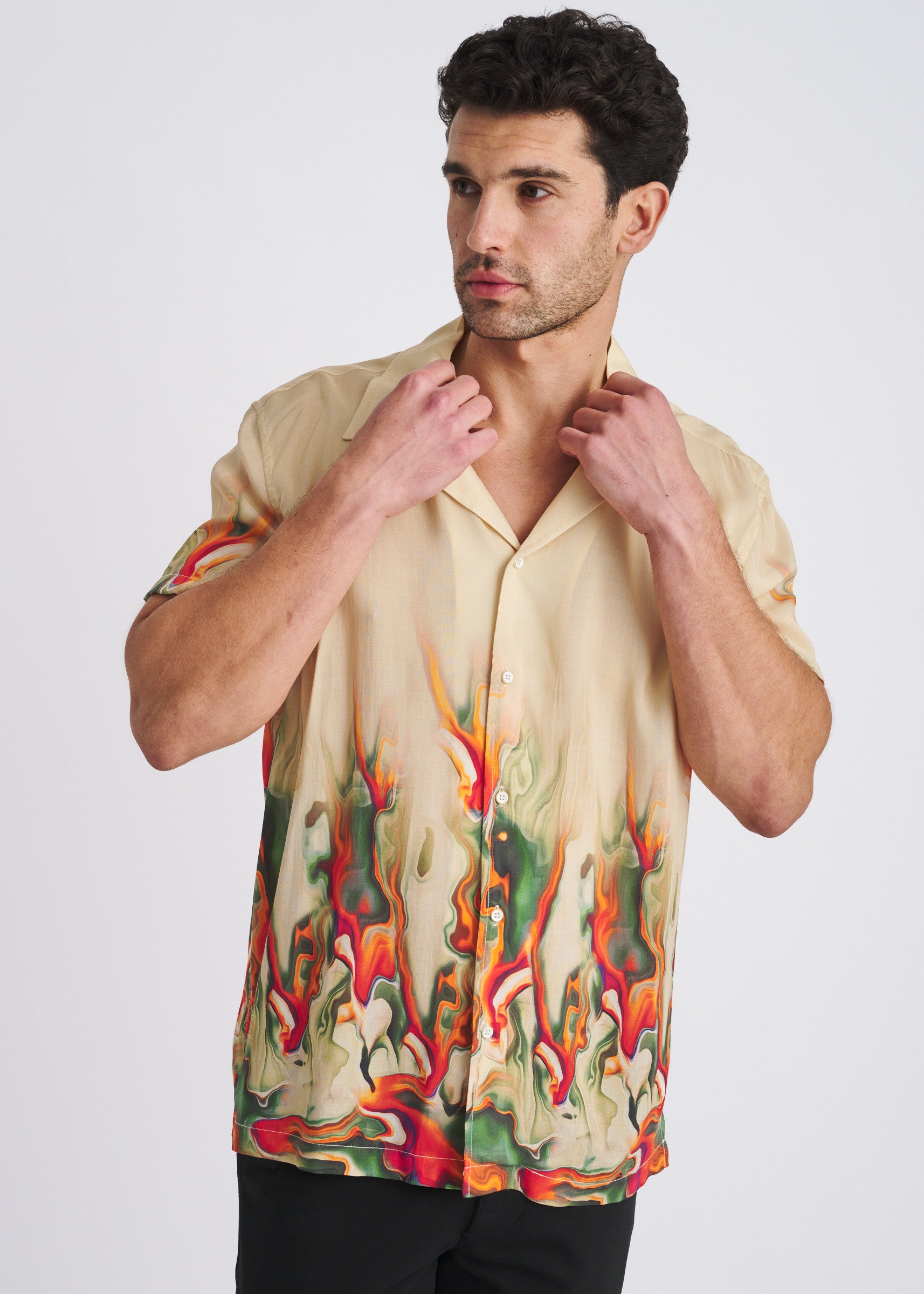 CUSTARD/SPICE LAVA PRINTED SHORT SLEEVE WOVEN MODAL BORDER SHIRT PM-49034