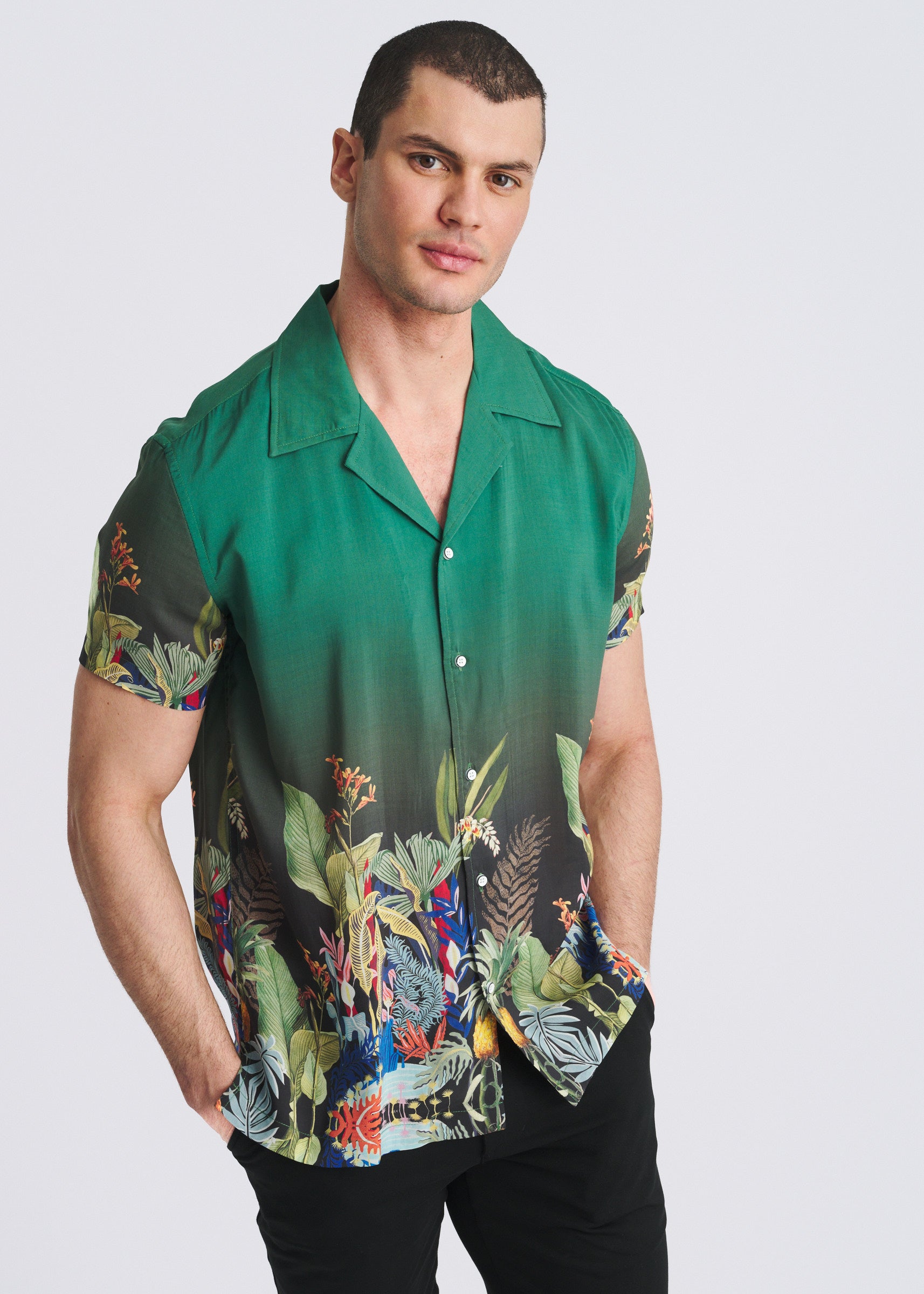 EMERALD/MULTI FAUNA PRINTED SHORT SLEEVE WOVEN MODAL BORDER SHIRT PM-49035