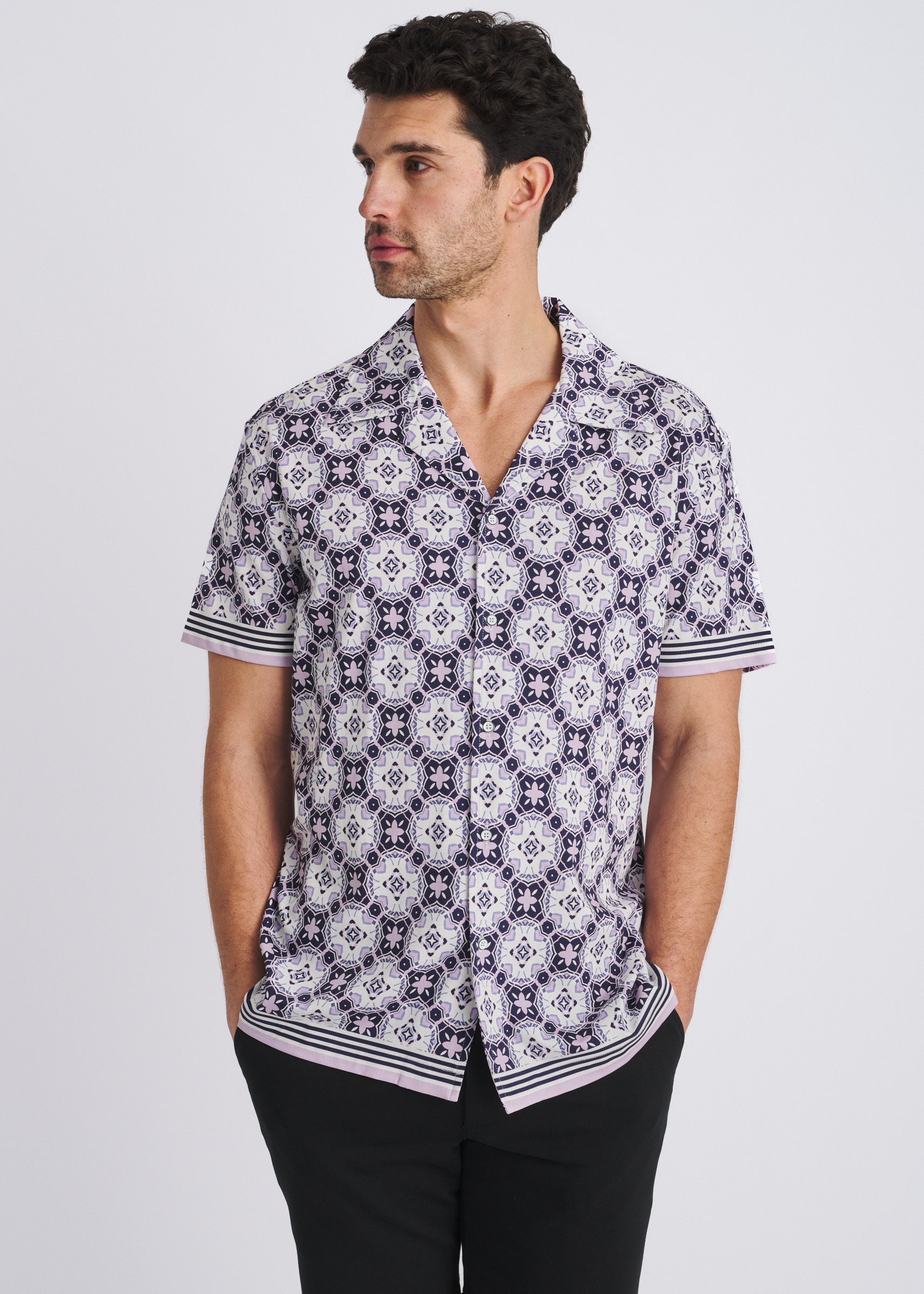 LILAC/PURPLE MEDALLIONS PRINTED SHORT SLEEVE WOVEN MODAL BORDER SHIRT PM-49037