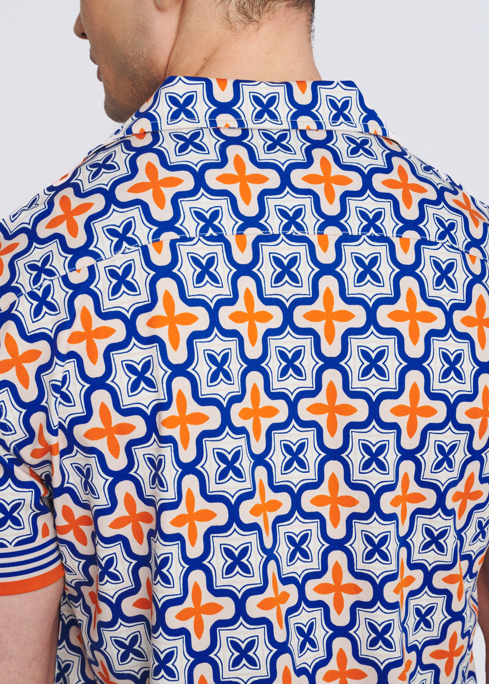NAVY/ORANGE TILES PRINTED SHORT SLEEVE WOVEN MODAL BORDER SHIRT PM-49038