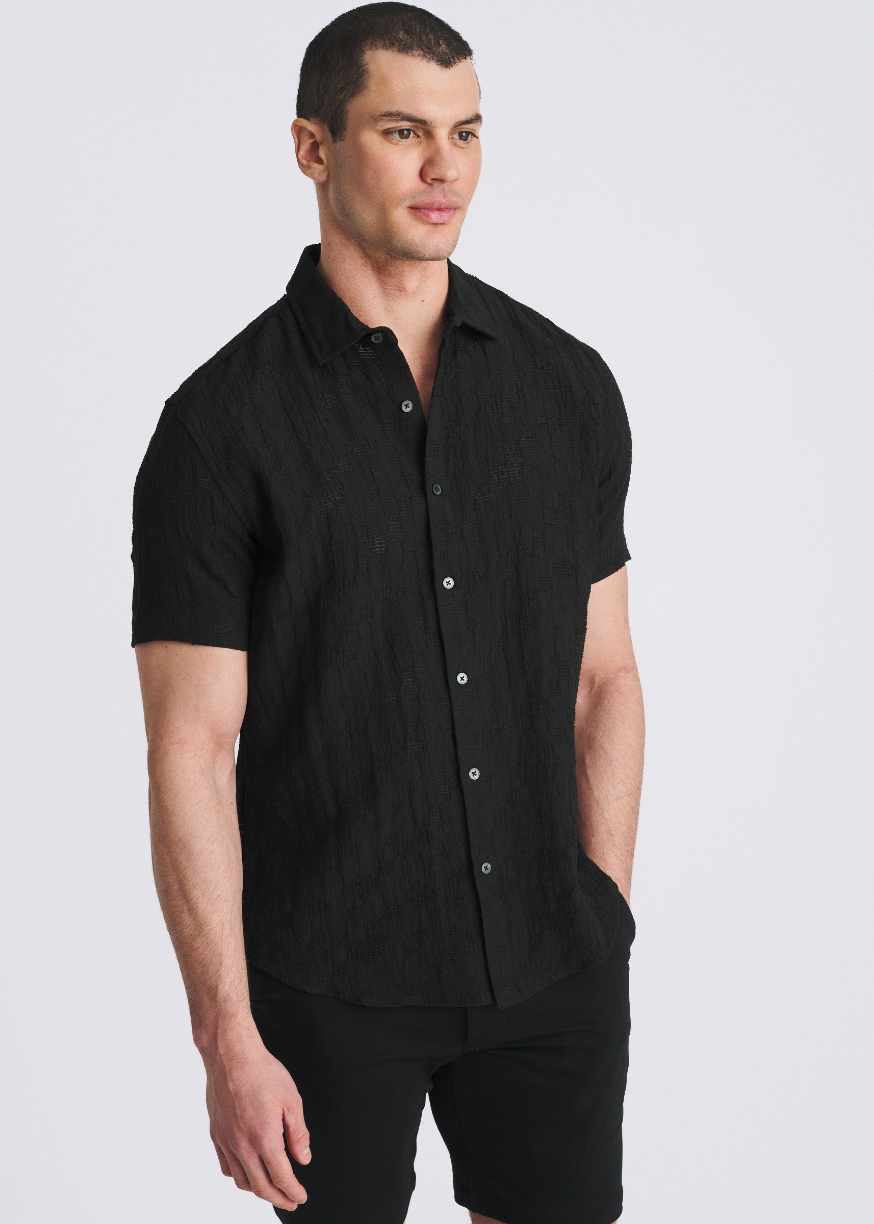 BLACK FLORAL LIGHTWEIGHT JACQUARD SHORT SLEEVE WOVEN SHIRT PM-51007
