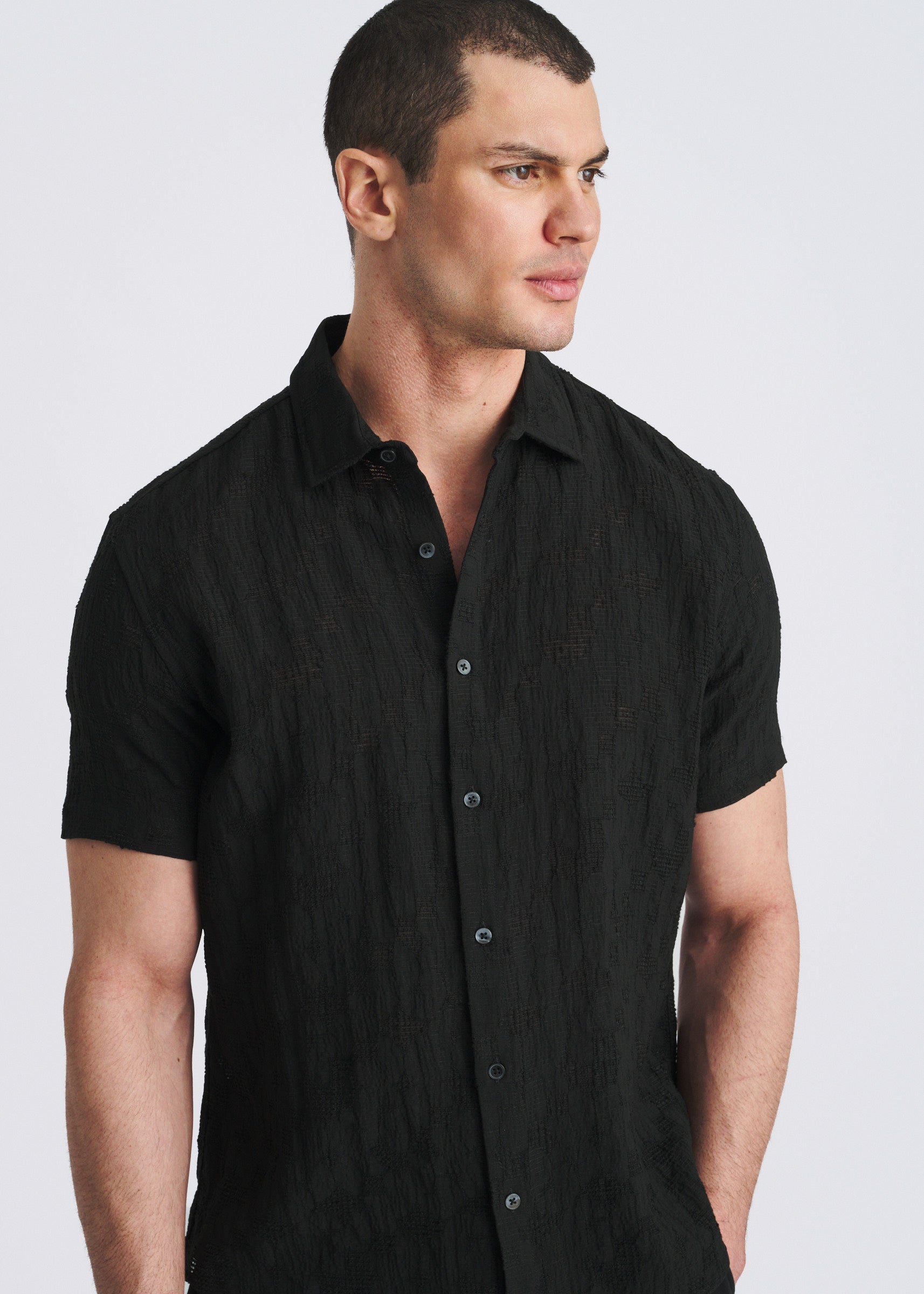 BLACK FLORAL LIGHTWEIGHT JACQUARD SHORT SLEEVE WOVEN SHIRT PM-51007