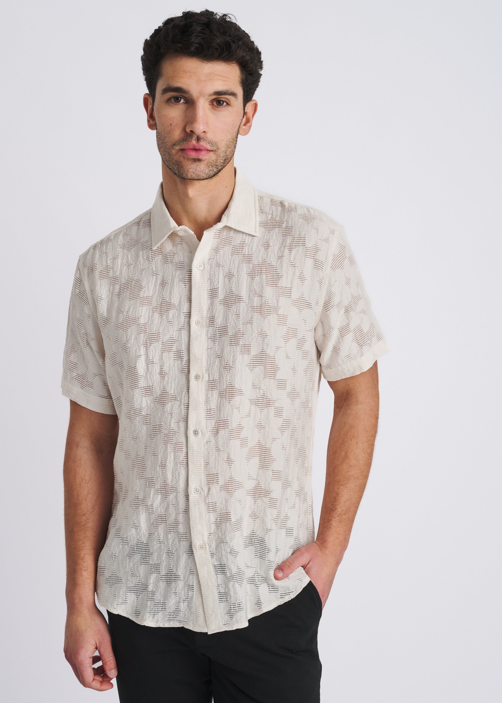 ECRU FLORAL LIGHTWEIGHT JACQUARD SHORT SLEEVE WOVEN SHIRT PM-51007