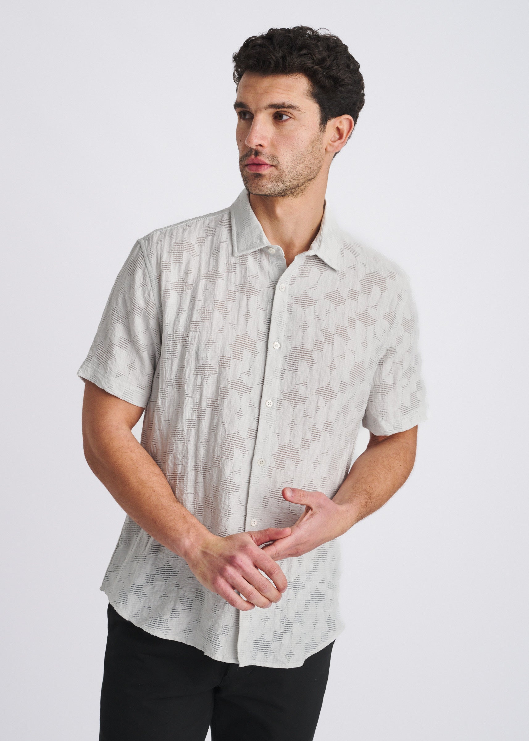 POWDER FLORAL LIGHTWEIGHT JACQUARD SHORT SLEEVE WOVEN SHIRT PM-51007