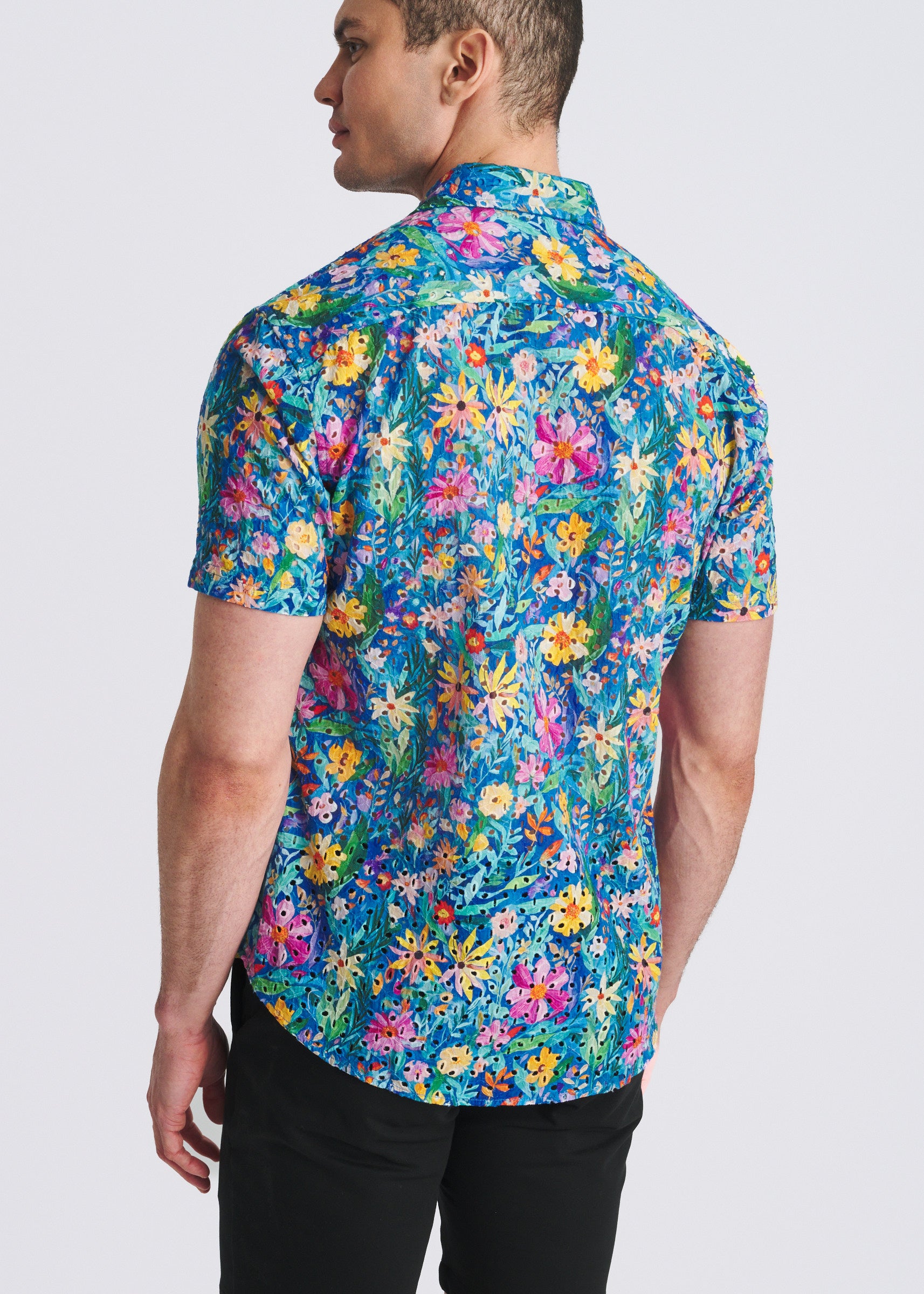 COBALT/MULTI FLORAL PRINTED EYELET SHORT SLEEVE WOVEN SHIRT PM-51010