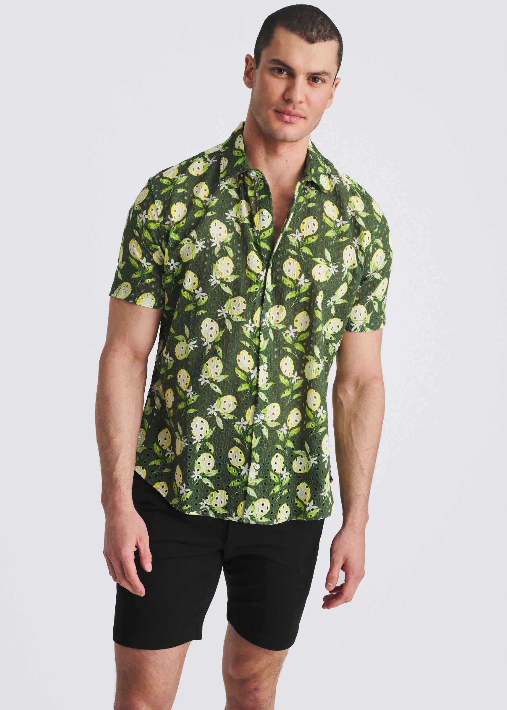 FOREST LEMONS PRINTED EYELET SHORT SLEEVE WOVEN SHIRT PM-51012