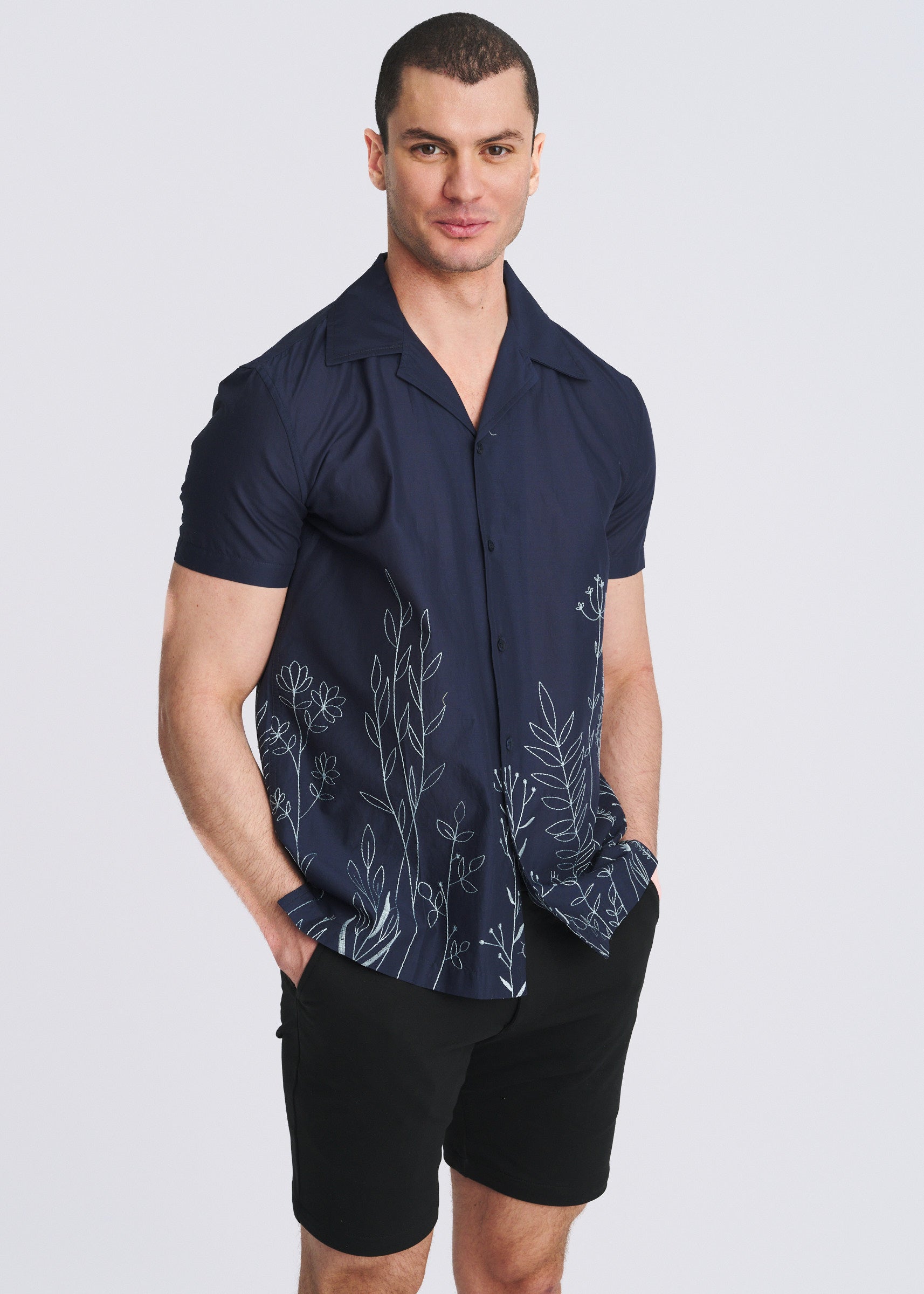 NAVY/SKY FLORAL EMBROIDERED BORDER SHORT SLEEVE WOVEN SHIRT PM-53007-01