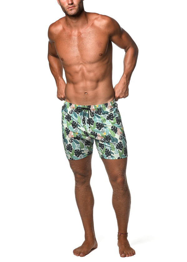 GREEN/NAVY LEAVES MORITZ 6" INSEAM SWIM SHORT PM-6004-51