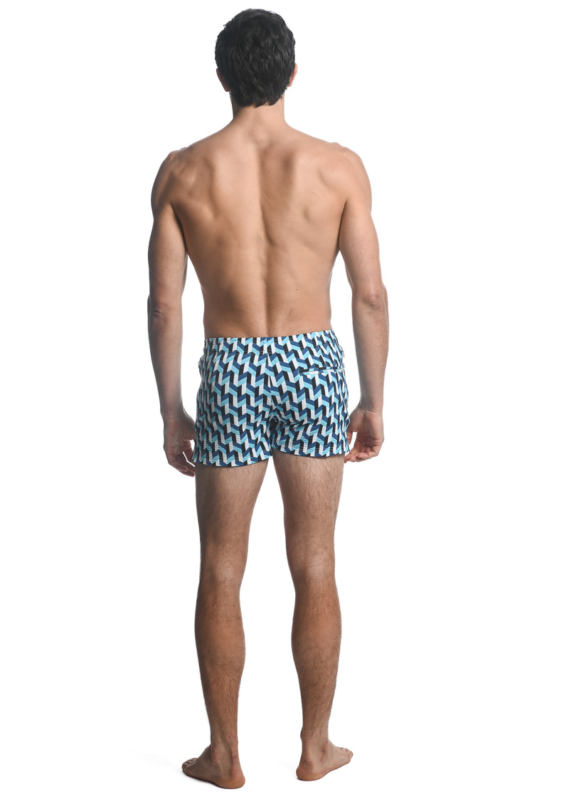 ROYAL/ CYAN 3D CHEVRON PRINTED SWIM SHORTS  W/ MESH LINING PM-6018-32