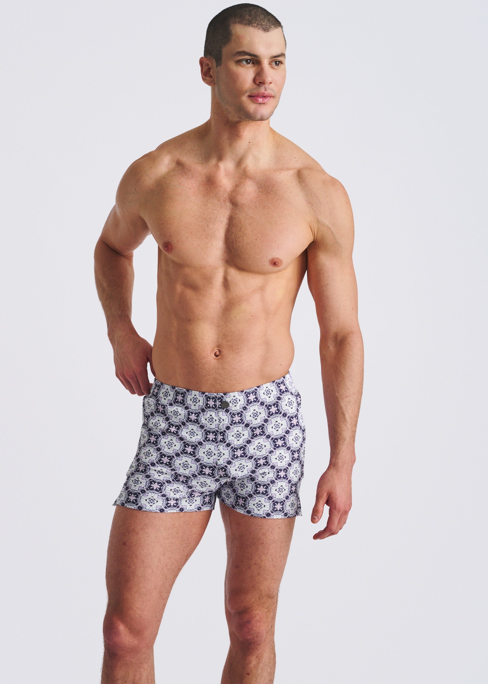 LILAC/PURPLE MEDALLIONS SEERSUCKER PRINTED SWIM SHORTS W/MESH LINING PM-6018-55