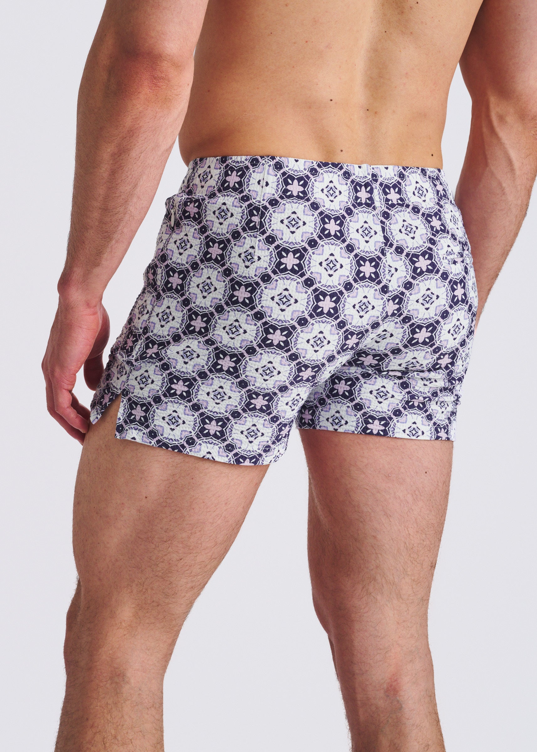 LILAC/PURPLE MEDALLIONS SEERSUCKER PRINTED SWIM SHORTS W/MESH LINING PM-6018-55