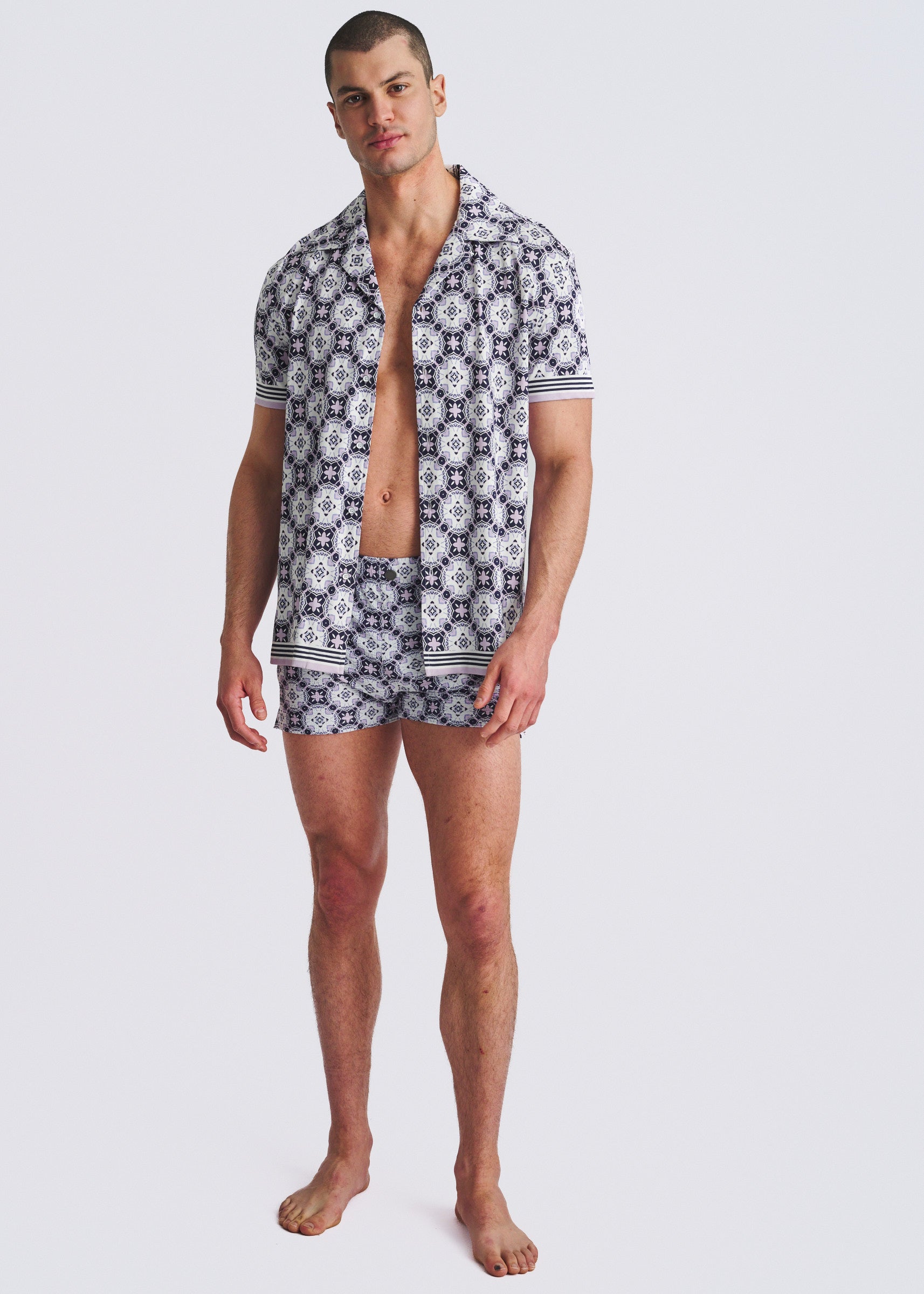 LILAC/PURPLE MEDALLIONS SEERSUCKER PRINTED SWIM SHORTS W/MESH LINING PM-6018-55