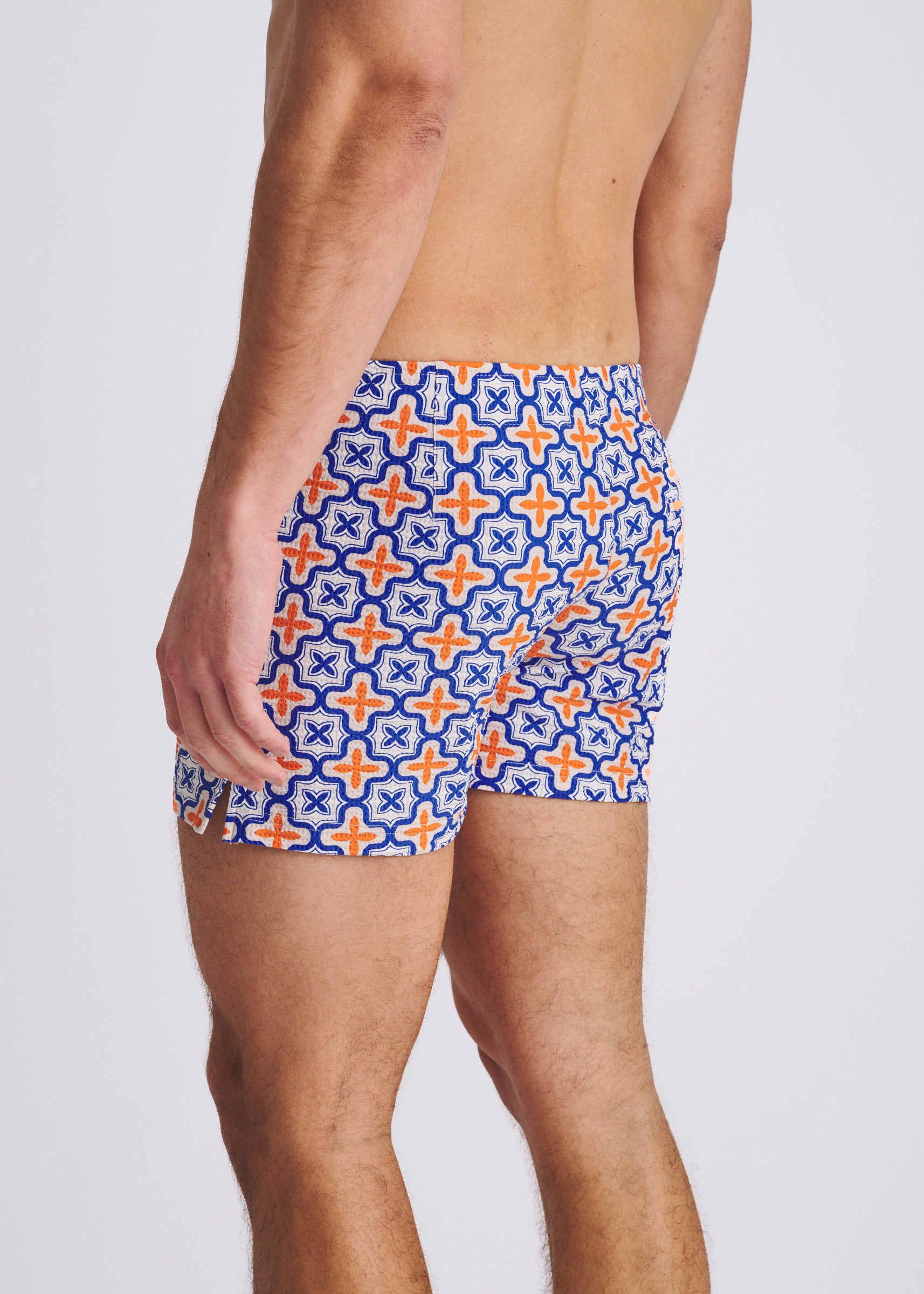 NAVY/ORANGE TILES SEERSUCKER PRINTED SWIM SHORTS W/MESH LINING PM-6018-56
