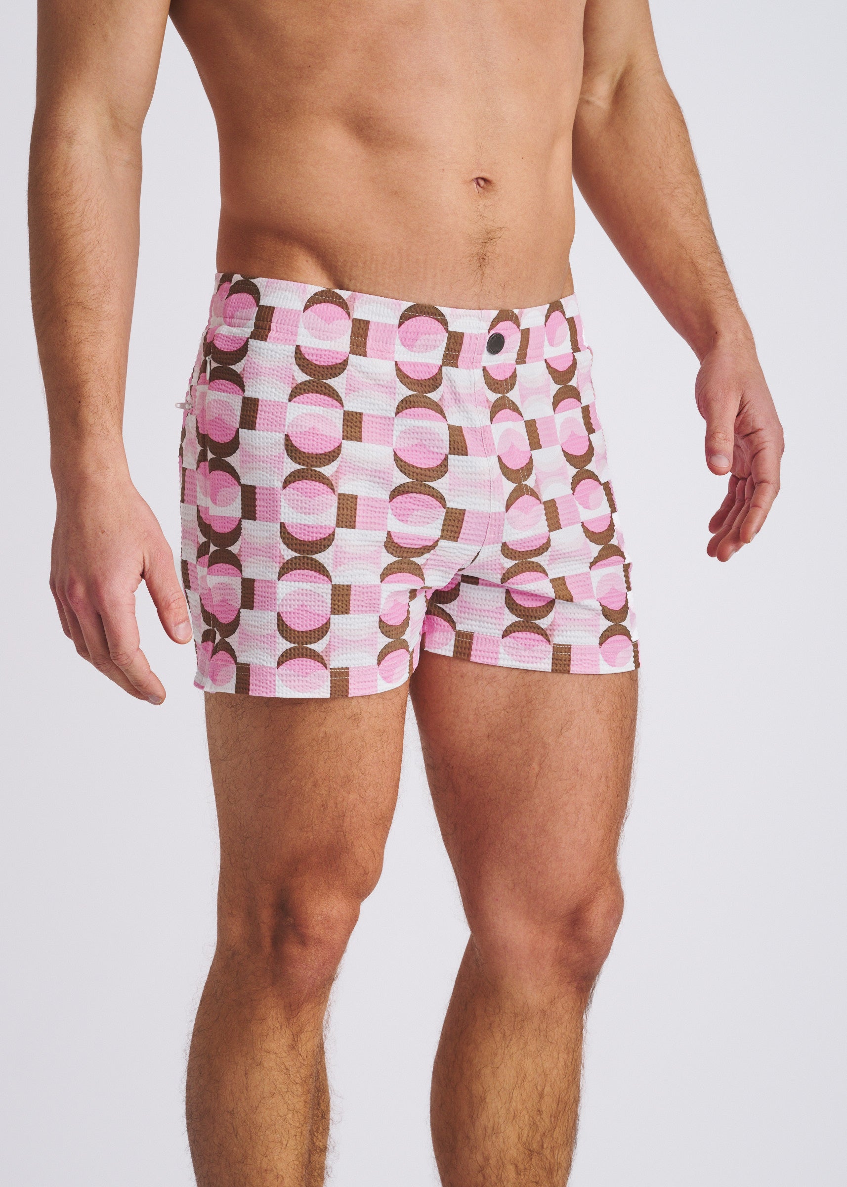 PINK/OLIVE RETRO SEERSUCKER PRINTED SWIM SHORTS W/MESH LINING PM-6018-58