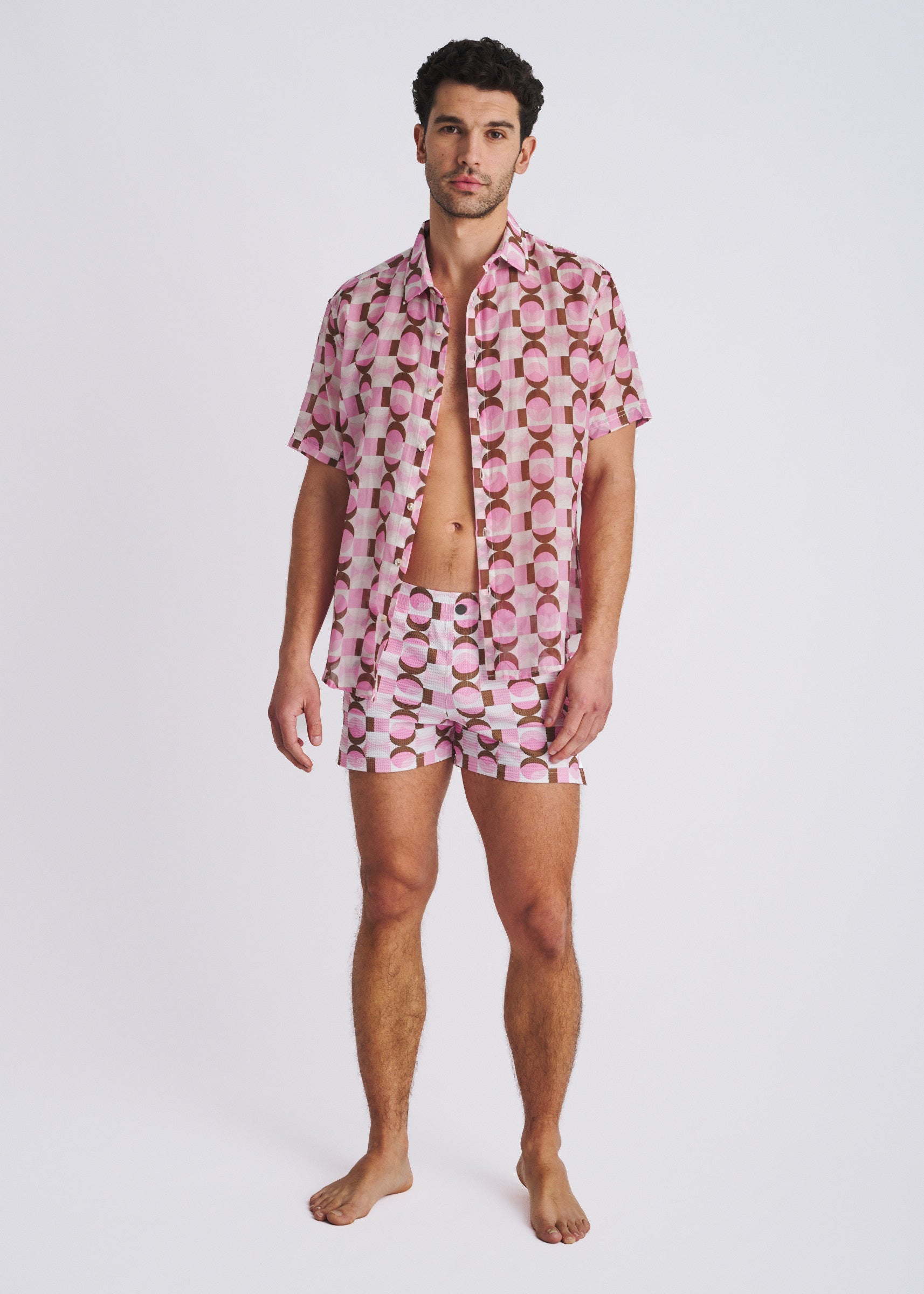 PINK/OLIVE RETRO SEERSUCKER PRINTED SWIM SHORTS W/MESH LINING PM-6018-58