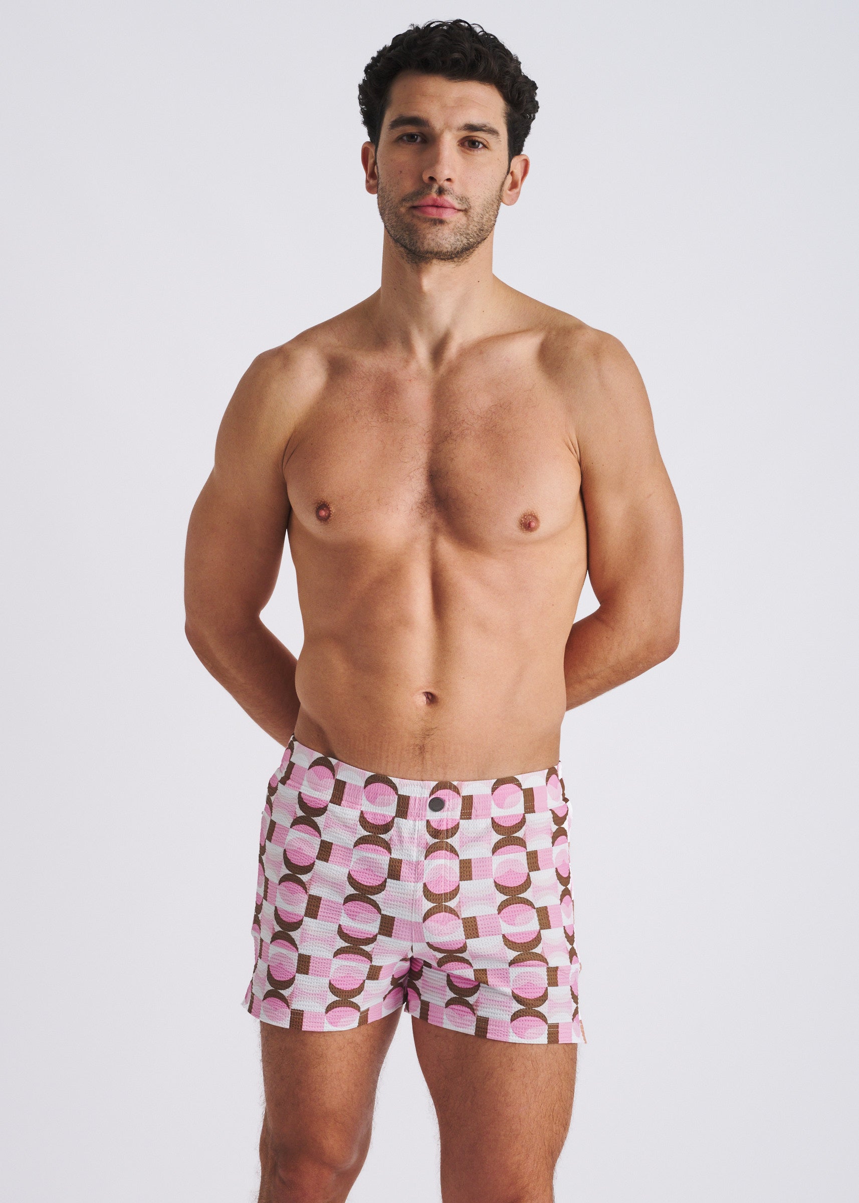 PINK/OLIVE RETRO SEERSUCKER PRINTED SWIM SHORTS W/MESH LINING PM-6018-58
