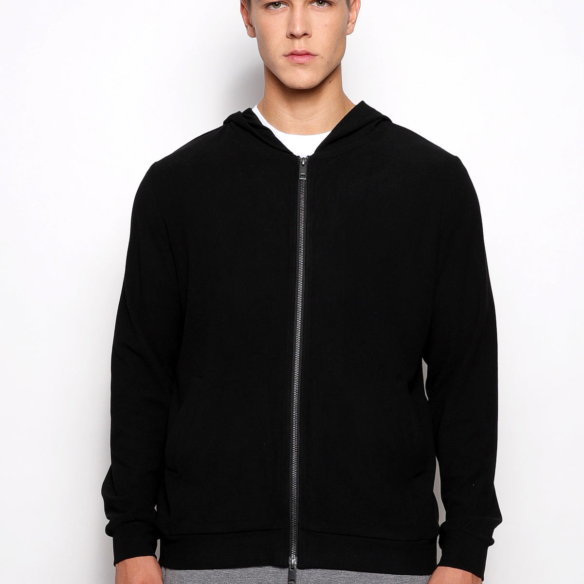 Black Stretch Knit Zip-Up Hoodie