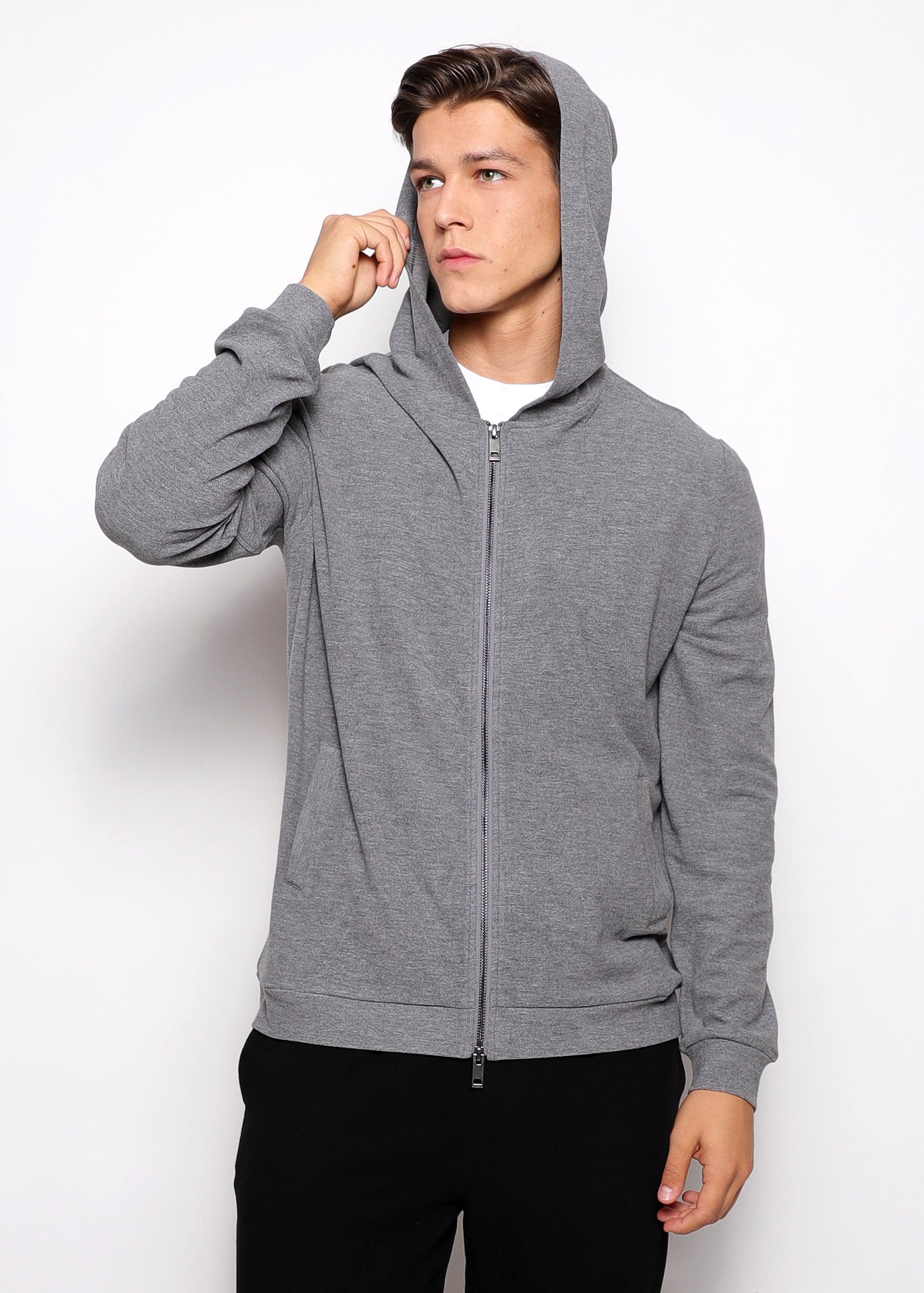 Charcoal Stretch Knit Zip-Up Hoodie