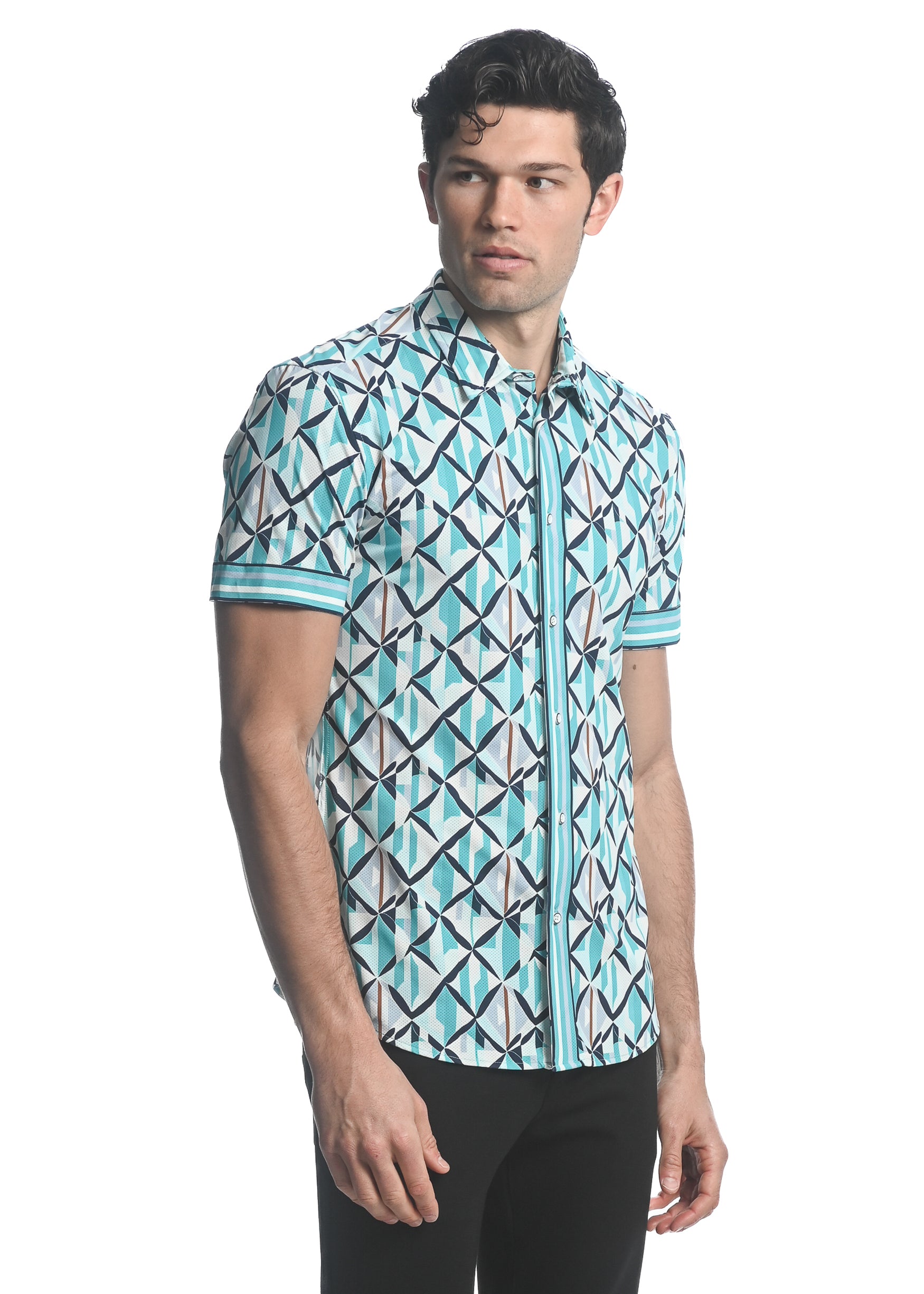 TEAL/ NAVY  X-MOSAIC PRINTED PERFORMANCE SHORT SLEEVES STRETCH SHIRT PM-47066