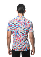 BLUE/ GOLD FLORAL TILES PRINTED PERFORMANCE SHORT SLEEVES STRETCH SHIRT PM-76077