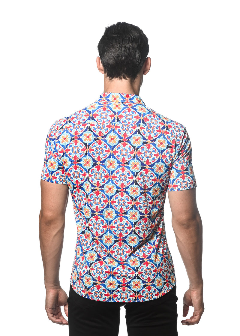BLUE/ GOLD FLORAL TILES PRINTED PERFORMANCE SHORT SLEEVES STRETCH SHIRT PM-76077