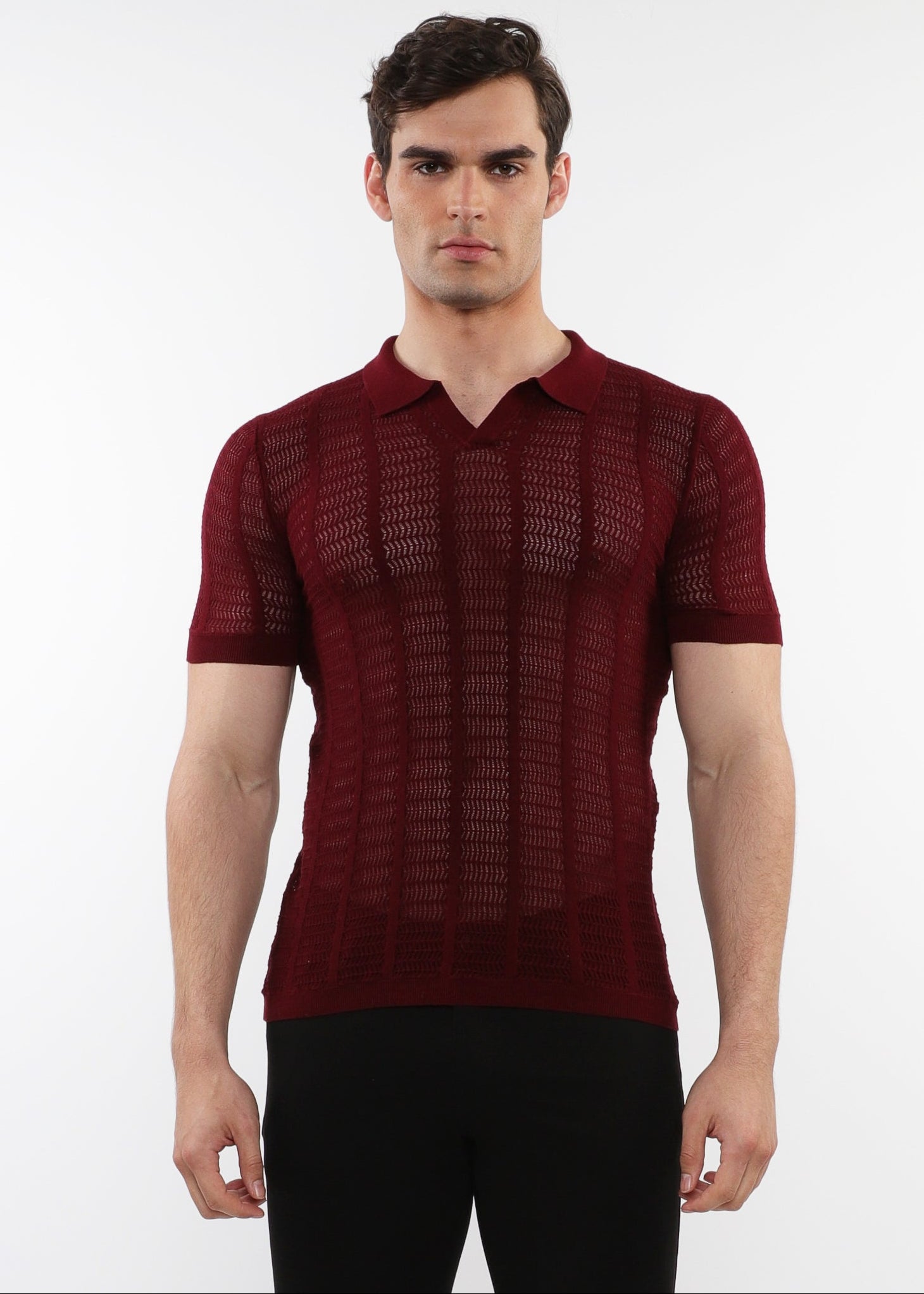 MAROON OPEN COLLAR TEXTURED MESH KNIT COTTON POLO PM-16234