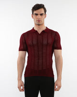 MAROON OPEN COLLAR TEXTURED MESH KNIT COTTON POLO PM-16234
