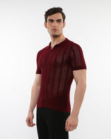 MAROON OPEN COLLAR TEXTURED MESH KNIT COTTON POLO PM-16234